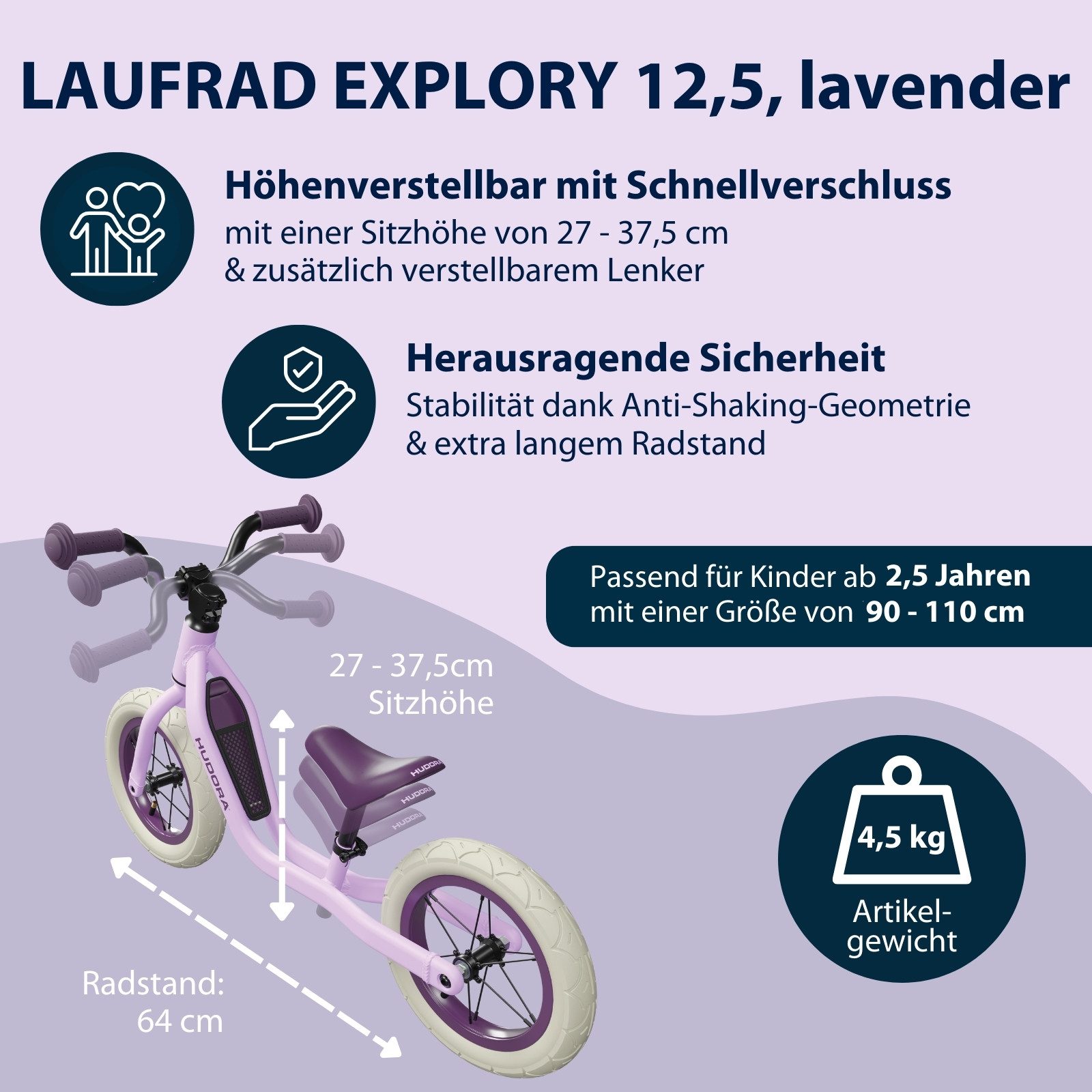 Hudora Laufrad Explory, für Kinder ab 18 Monaten, verstellbare Sattelhöhe, Luftreifen