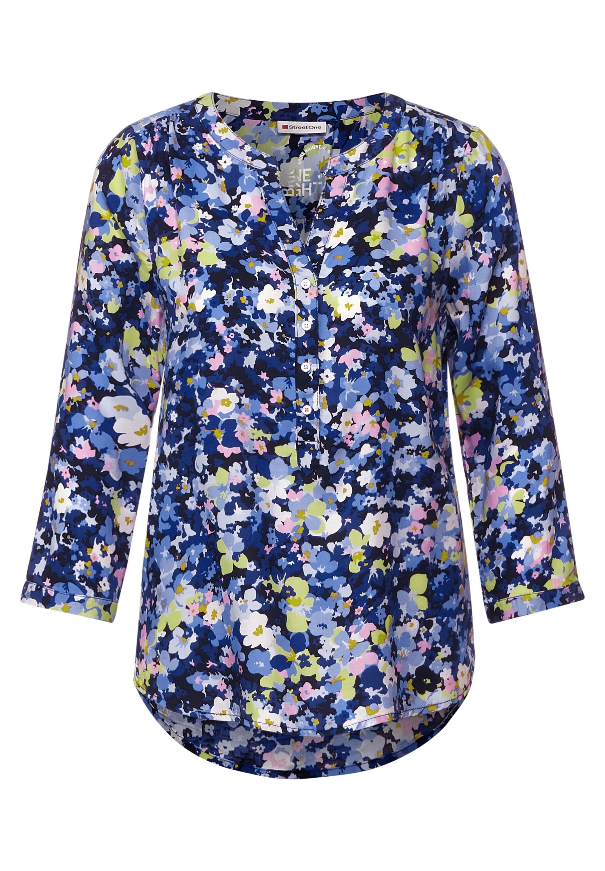 in Bluse Blumen Locker Street Bluse Klassische ONE geschnitten One (1-tlg) Blue STREET Grand mit Muster