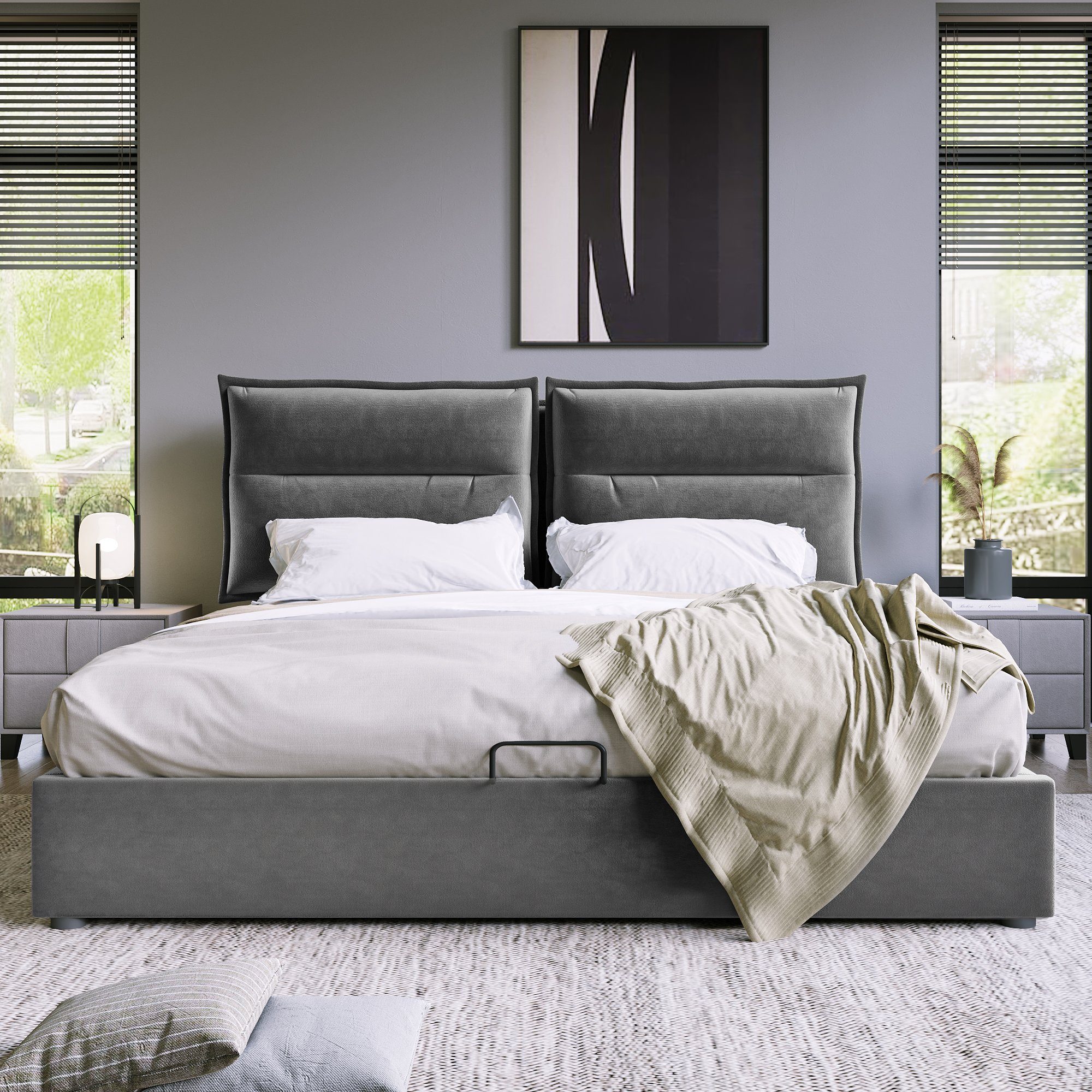 Polsterbett (Hydraulisches Funktionsbett 140x200cm), Doppelbett mit Verstellbares Kopfteil und Stauraum, Bezug aus Samt