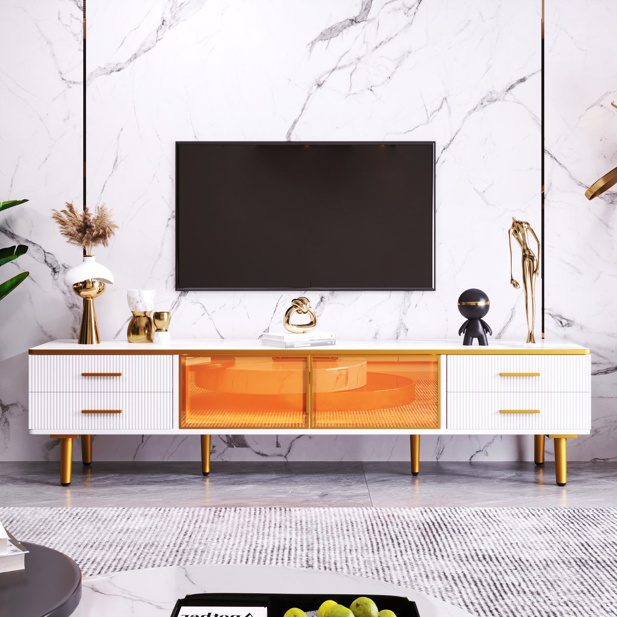 aus Griffen Türen Sideboard Füßen) Gehärtetem modern, (Fernsehschrank 4 mit Glas zwei 4 Beistellschrank TV-Schrank REDOM Schubladen Strukturierte Goldenen mit und TV-Lowboard Braune