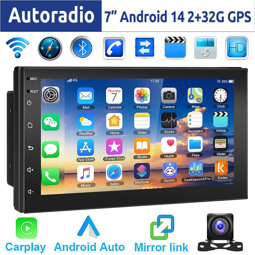 ESSGOO 7 Zoll Doppel 2 DIN Android 14 4+64G Autoradio (Digitalradio (DAB), FM, RDS, FM RDS Bluetooth EQ USB Apple Carplay Android Auto GPS Navi WIFI)