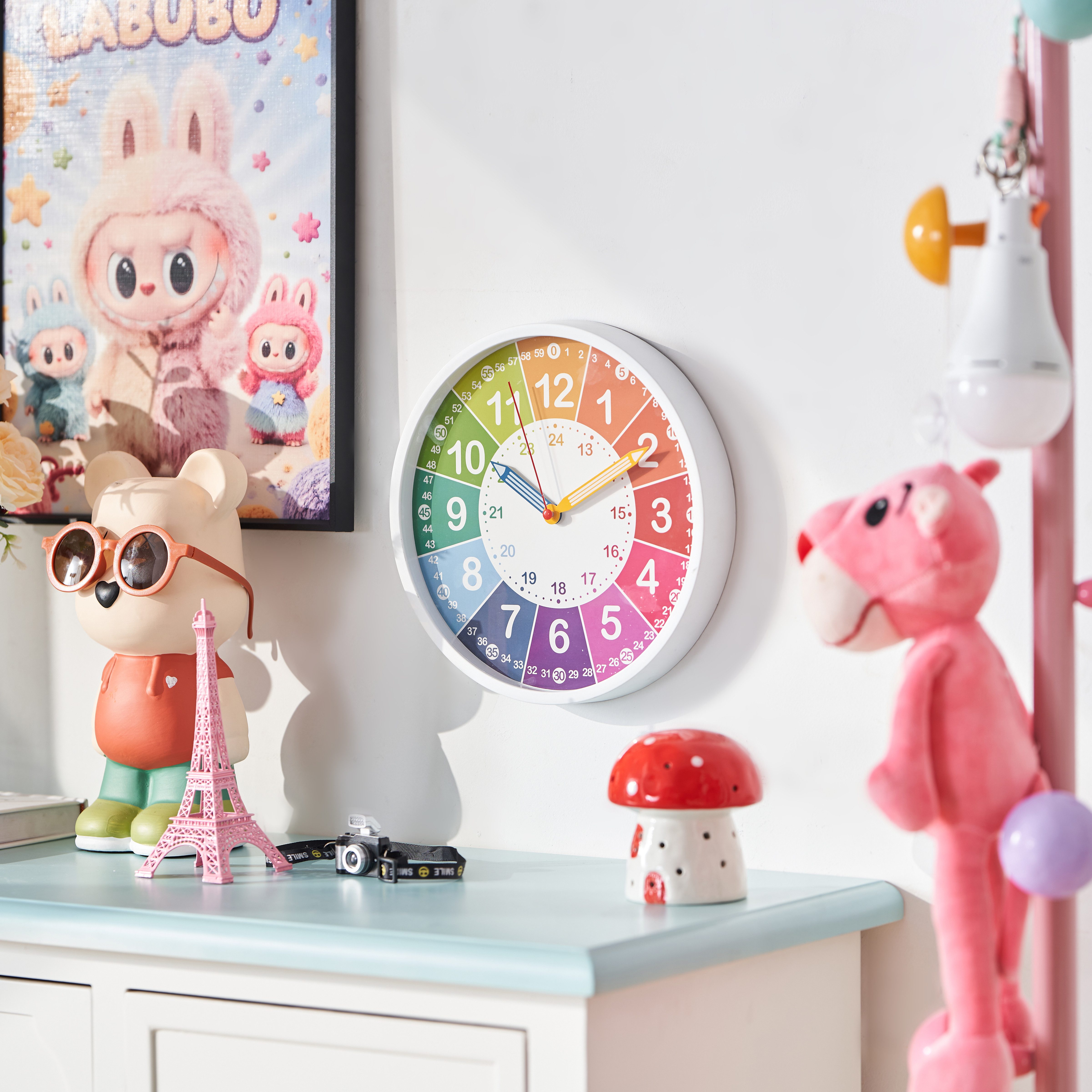 K&L Wall Art Wanduhr Kinderuhr Regenbogen Lernzifferblatt bunte Kinderzimmer Uhr (leise Lernuhr ohne Ticken)