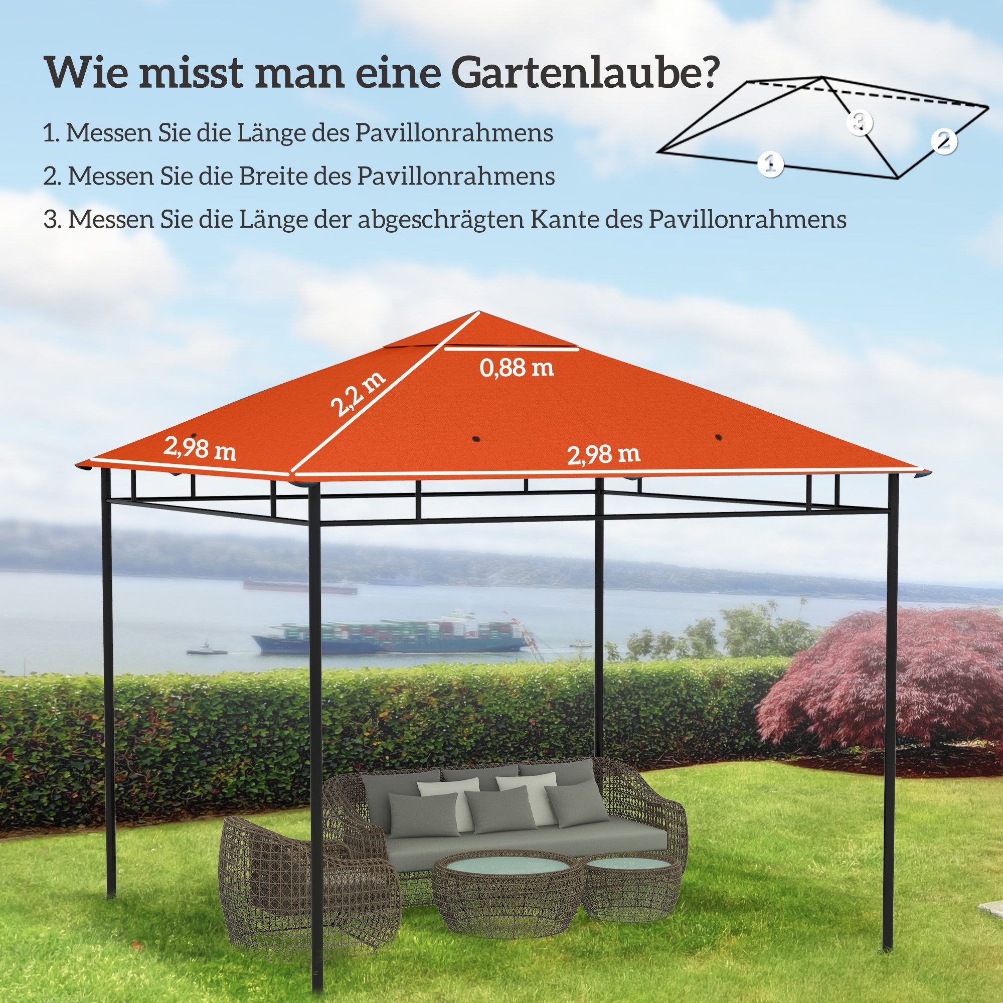 Outsunny Pavillon-Ersatzdach Pavillonabdeckung, Orange, 180 g/m², 298 x 298 cm (Ersatzdach, Pavillondach), 298x298 für Metall-Gartenpavillon