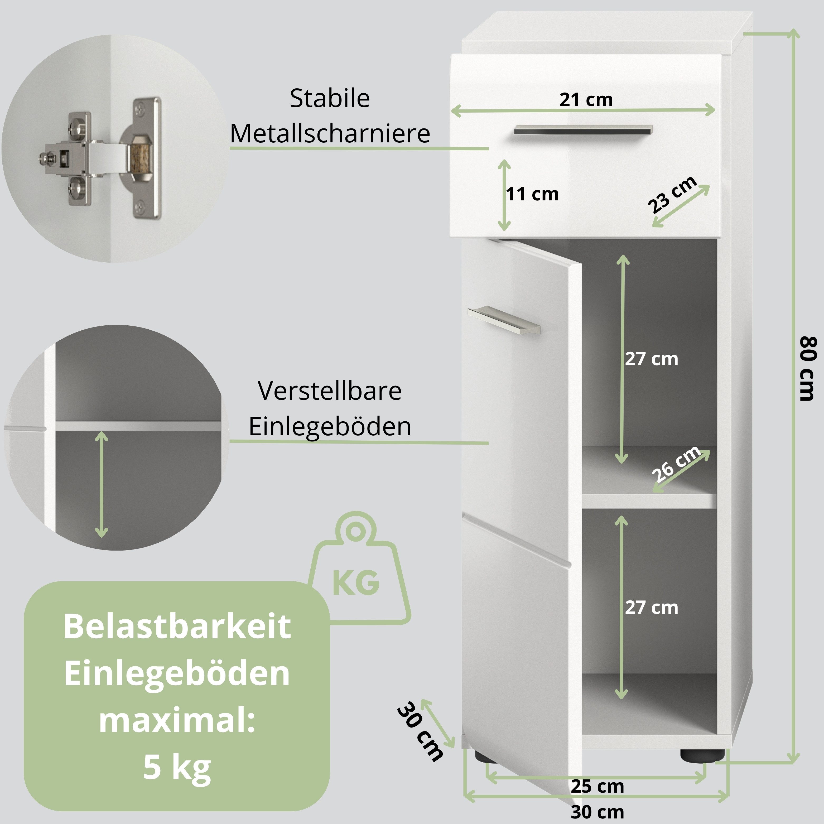 furnling Badkommode Standschrank Ivy, 1 Schublade, 1 Tür, 2 Fächer innen, Stauraum, Badezimmerschrank, weiß