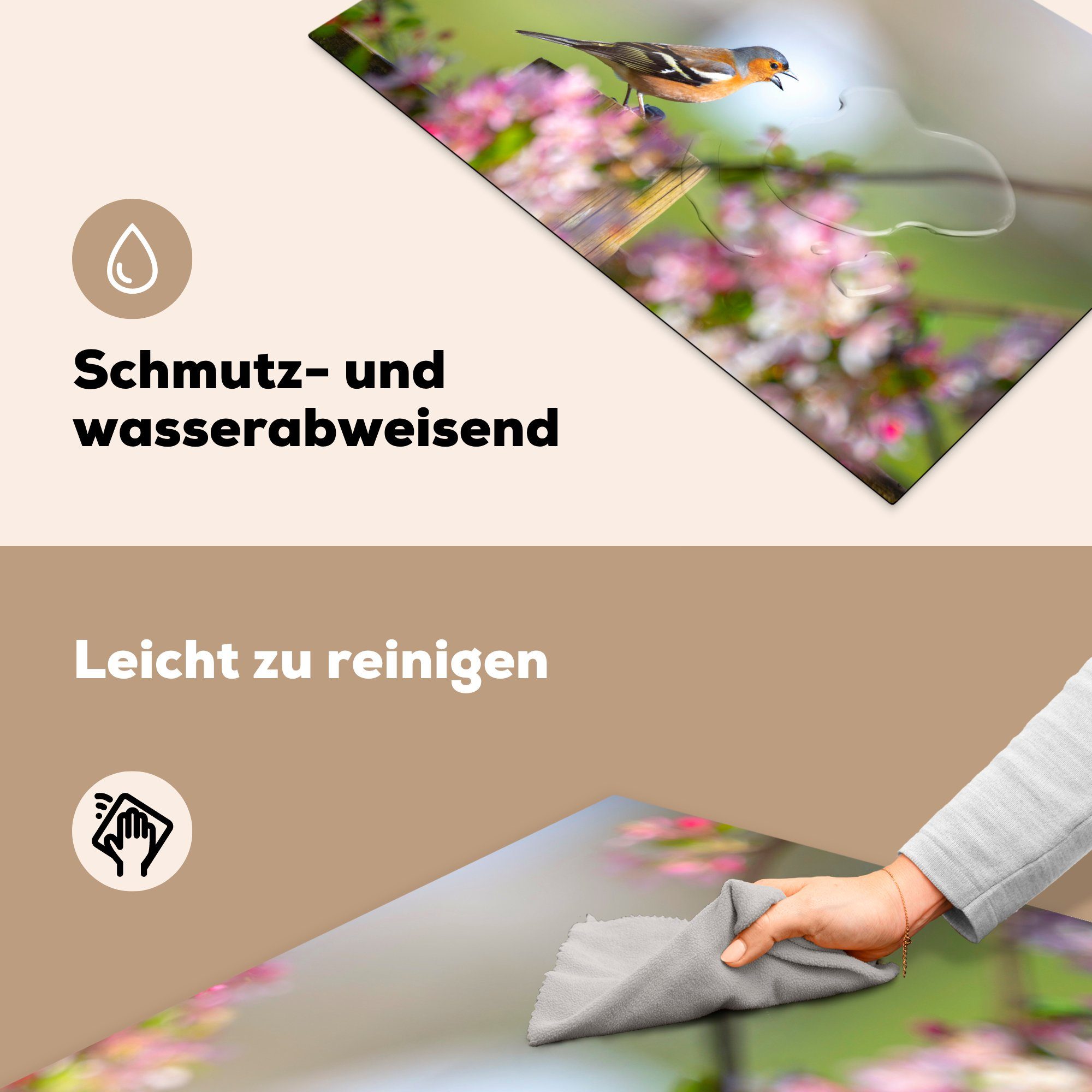 sitzt, die Blumen tlg), 81x52 einer Induktionskochfeld vielen küche, der Ceranfeldabdeckung cm, mit auf für Herdblende-/Abdeckplatte rosa MuchoWow Holzstange Vogel, Schutz (1 Vinyl,