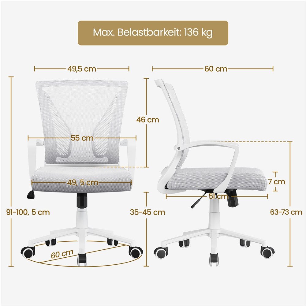 Yaheetech Bürostuhl aus Mesh-Gewebe Höhenverstellbarer Schreibtischstuhl, Ergonomischer Drehstuhl Arbeitsstuhl Computerstuhl mit Wippfunktion – Bild 4 von 5