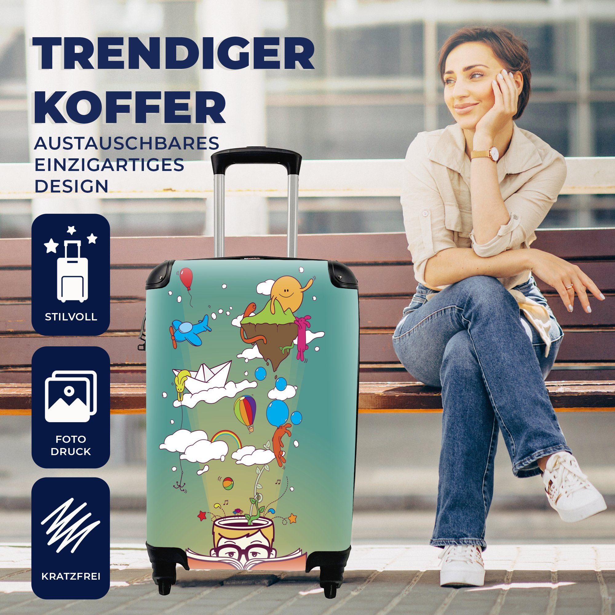 MuchoWow Reisekoffer Reisetasche für rollen, Illustration von 4 Rollen, Ferien, Handgepäckkoffer Handgepäck Trolley, mit Monsterträumen,