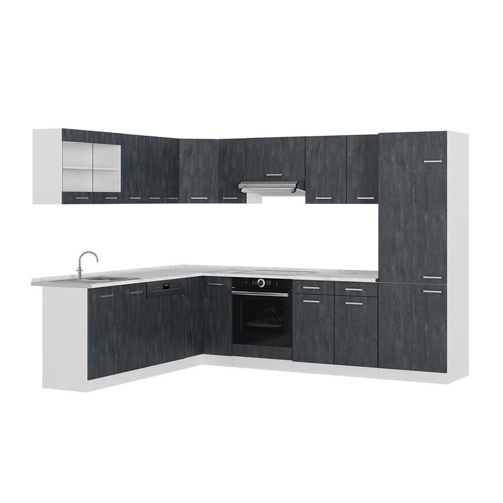 Vicco Winkelküche R-Line, Schwarz Beton/Weiß, 287 x 227 cm ohne Arbeitsplatte