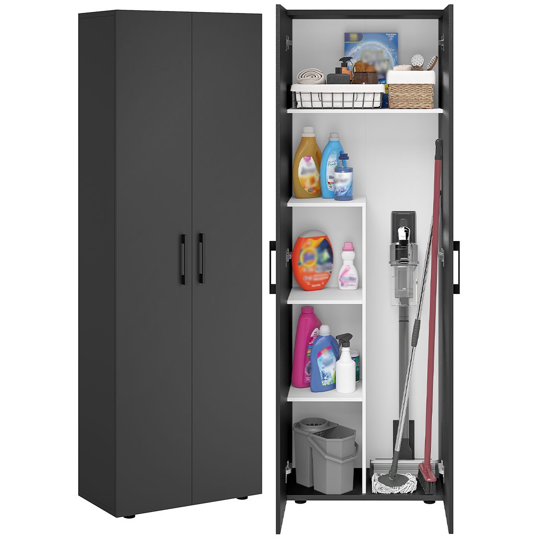 Bellamio Mehrzweckschrank Apol, Hochschrank aus Holz, Aufbewahrungsschrank (Schwarz) Besenschrank mit 5 Fächern, inkl. Staubsaugerfach, robust & kratzfest