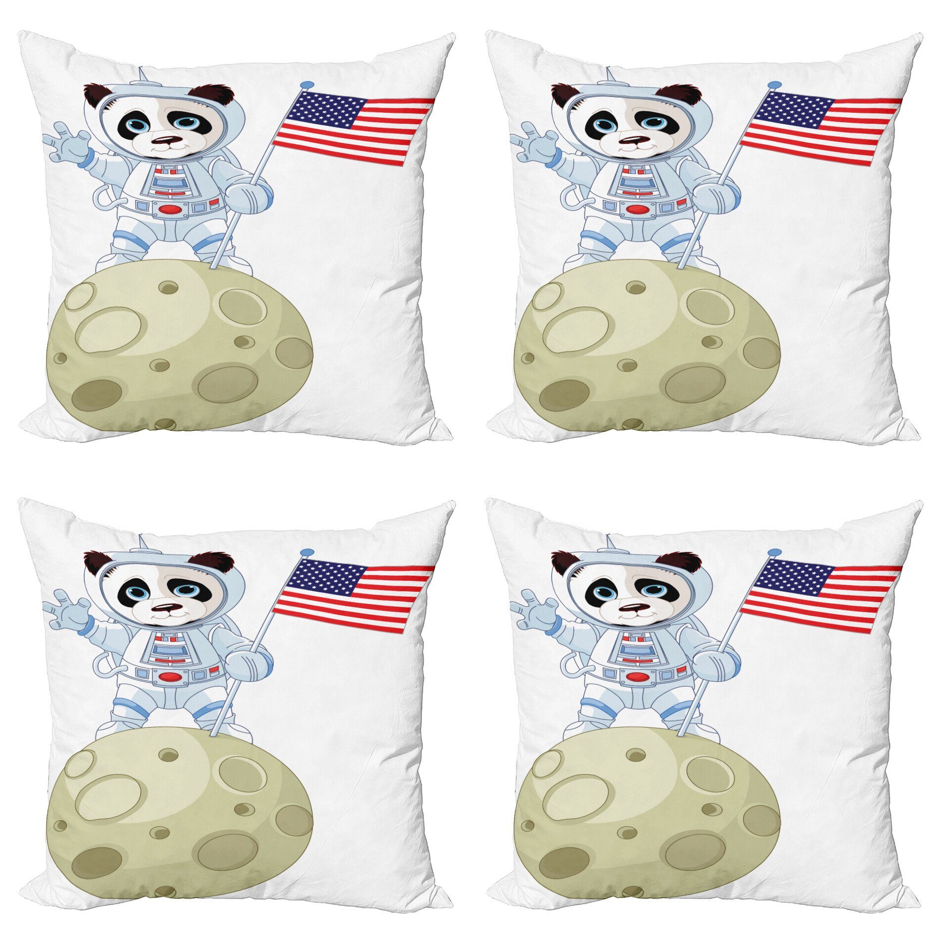 Kissenbezüge Modern Accent Doppelseitiger Digitaldruck, Abakuhaus (4 Stück), Panda Astronaut auf Mond-Karikatur