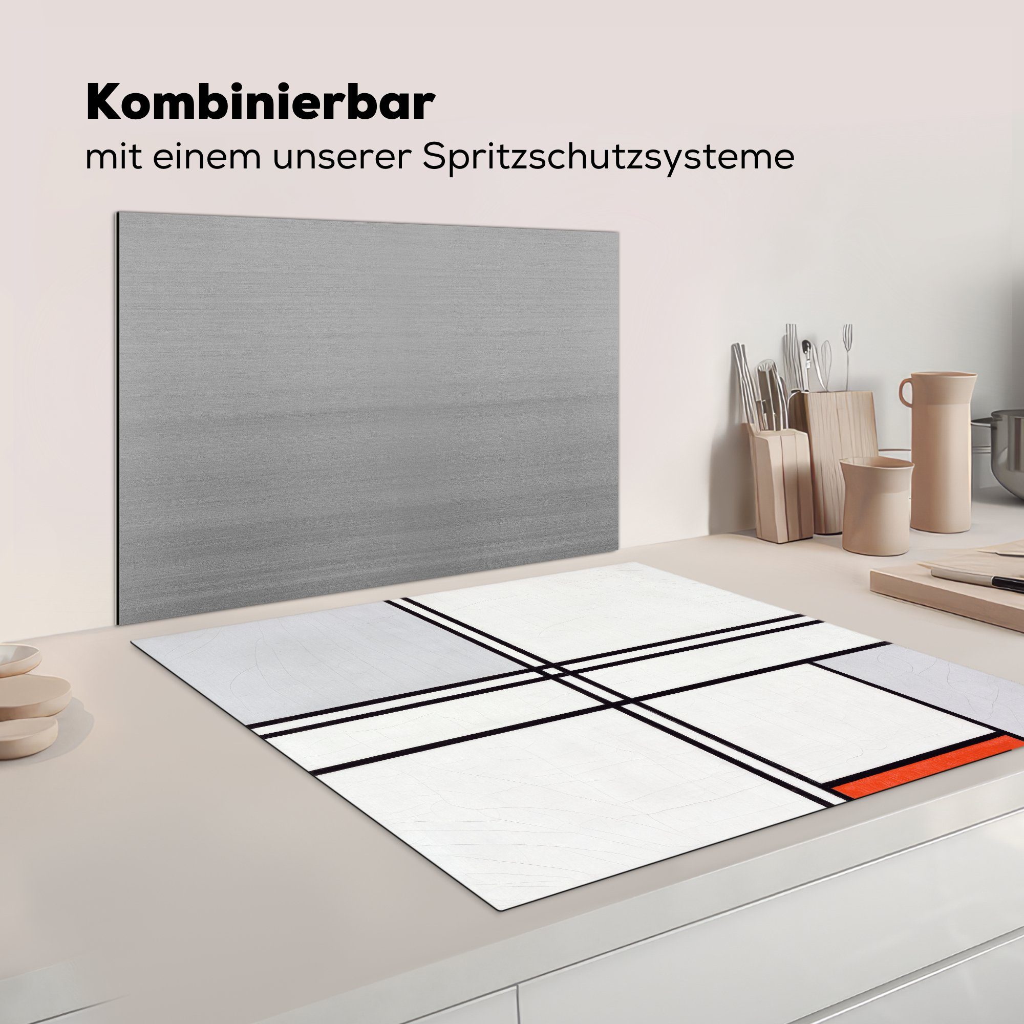 Piet cm, - (1 Vinyl, 78x78 für Ceranfeldabdeckung, und tlg), 1 MuchoWow Rot Mondrian, Grau küche Herdblende-/Abdeckplatte mit Arbeitsplatte Komposition