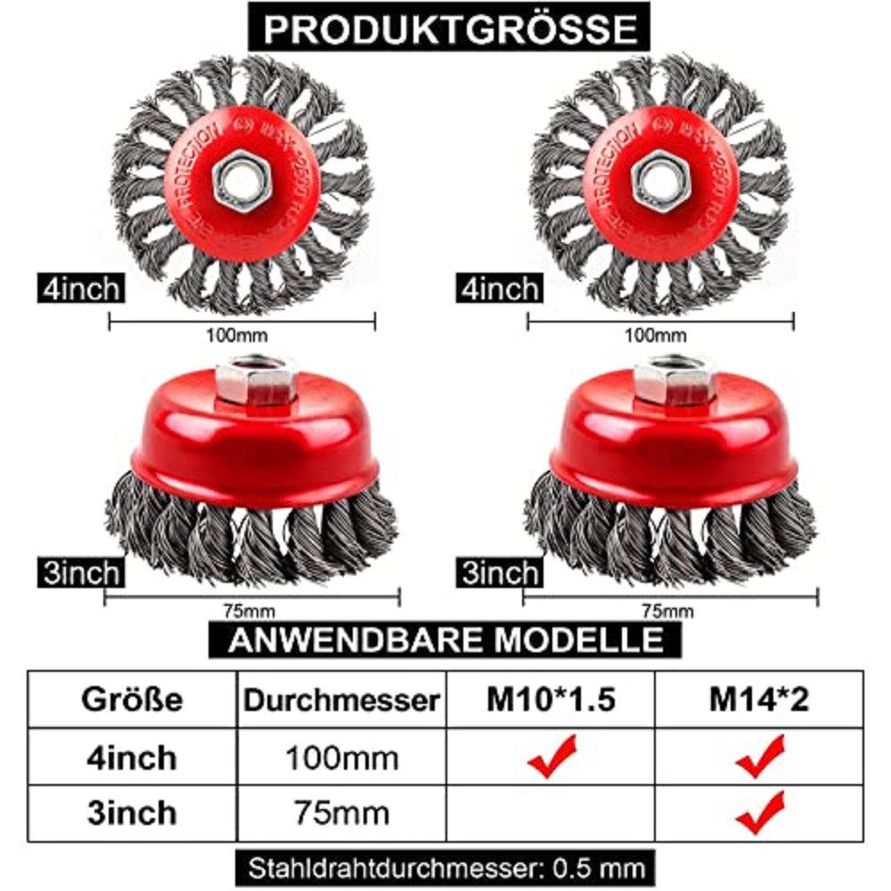 Youyijia Scheibenbürste 4PCS Topfbürste Winkelschleifer Drahtbürste Drahtbürsten-Set, 4-St.