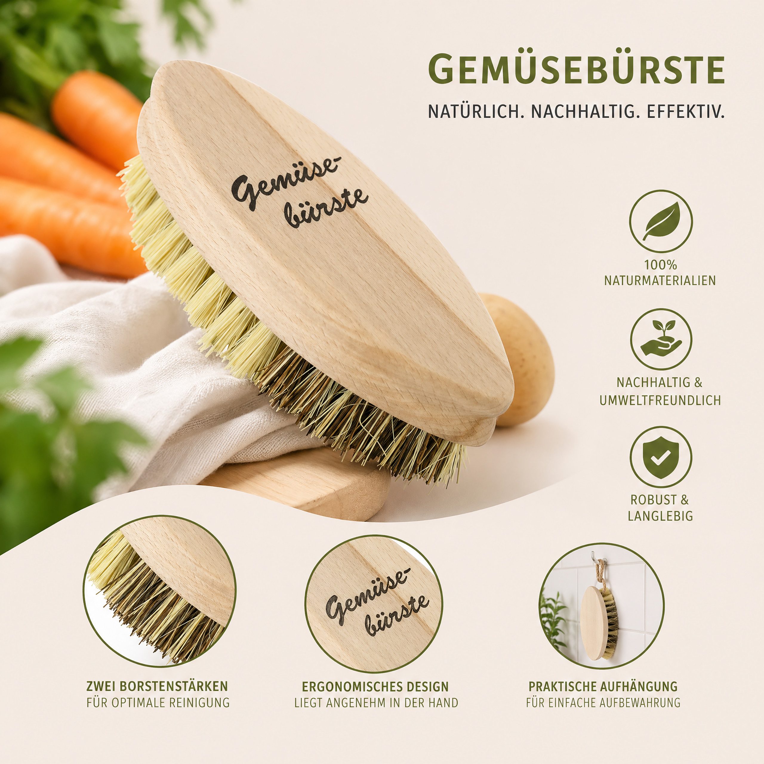 Lantelme Reinigungsbürsten-Set Obst Gemüse Champignonbürsten Gemüsebürste Obstbürste, Gemüse, Pilze, Obst, Karotten, Kartoffel, (2-tlg), Bürste aus Holz und Nat – Bild 3 von 5