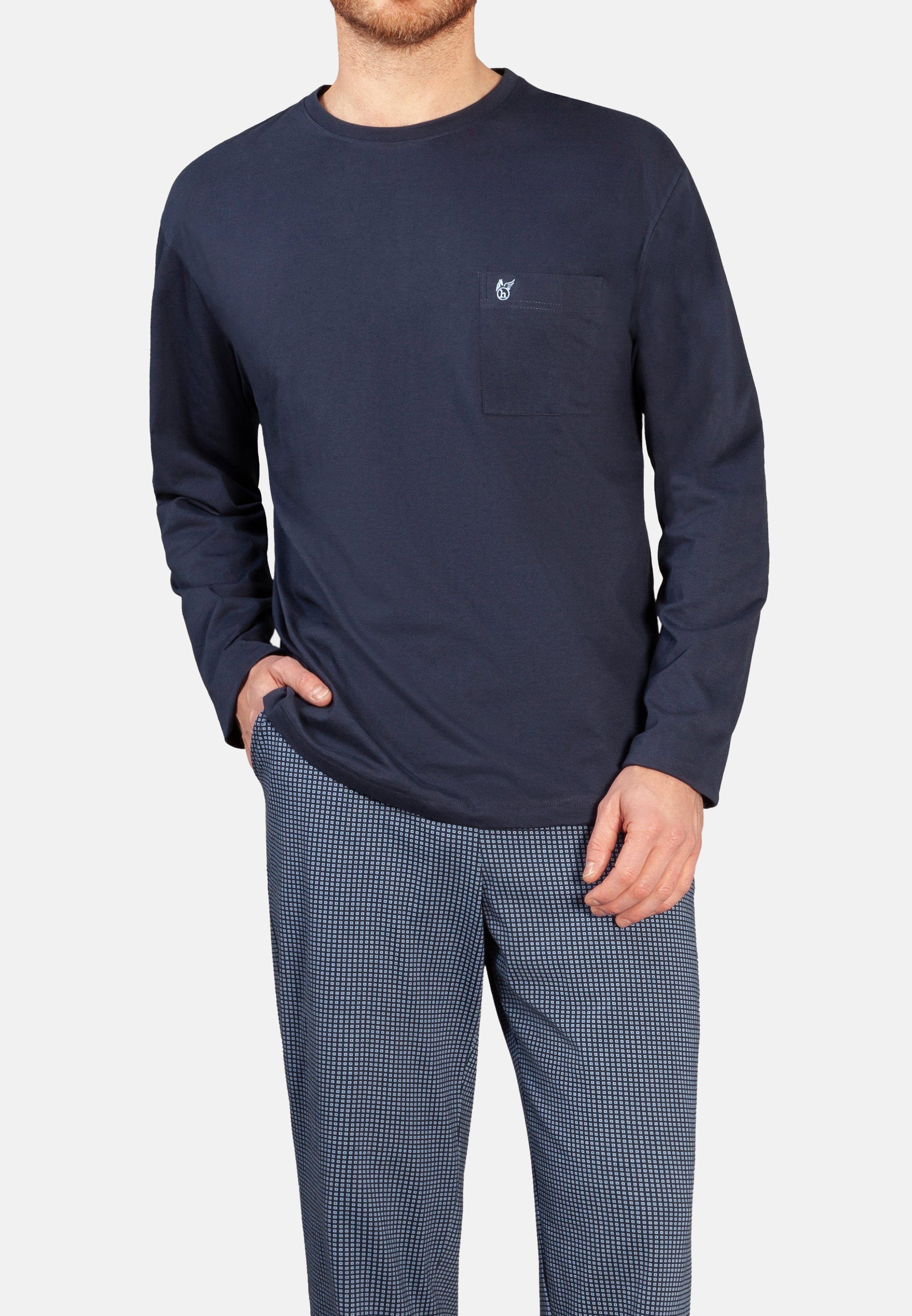 Hajo Pyjama Premium Lange Brusttasche Langarm-Shirt Cotton - mit 2 Schlafanzug tlg) (Set, und Baumwolle - Hose