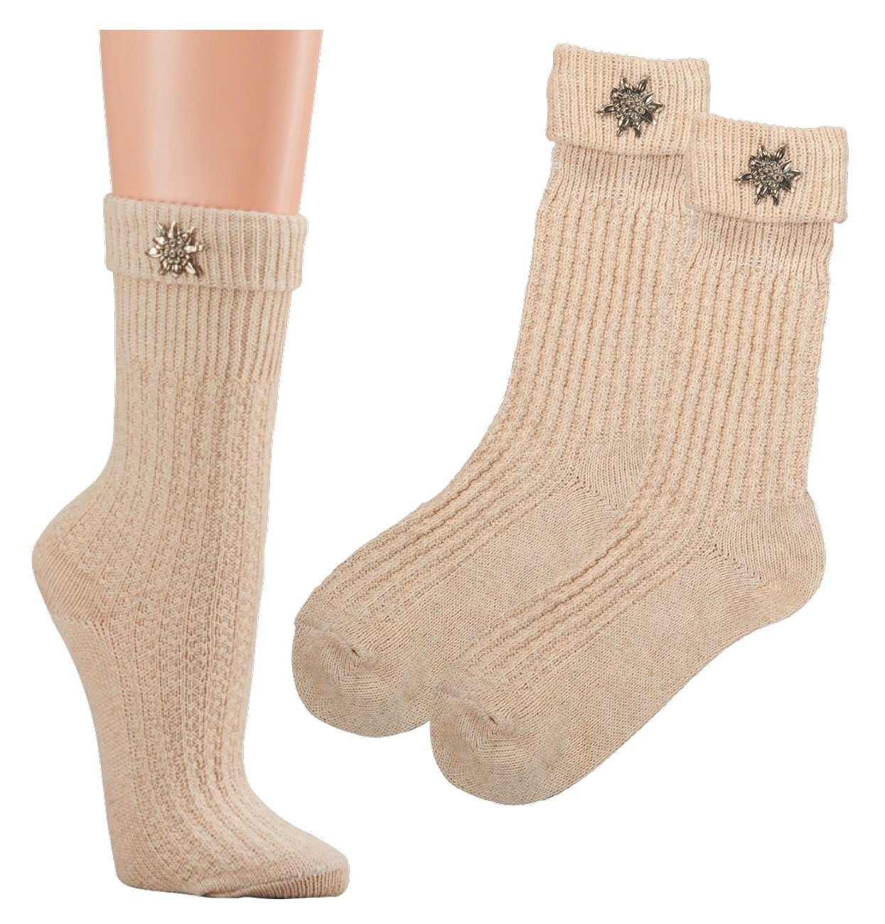 TippTexx 24 Trachtensocken 2 Paar Trachtensocken Umschlag-Socken mit abnehmbaren Edelweiß Pin (Set, 2 Paar) handgekettelt, mit Leinen-Optik, Metall-Edelweiß-Anstecker
