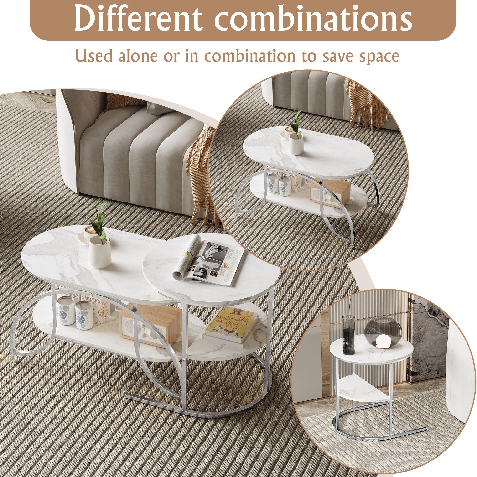 PXloue Couchtisch rund Beistelltisch Satztische 2er Set, 2 in 1 Mit Marmormuster Tischplatte, 80 x 46 x 45 cm/52 x 51 cm
