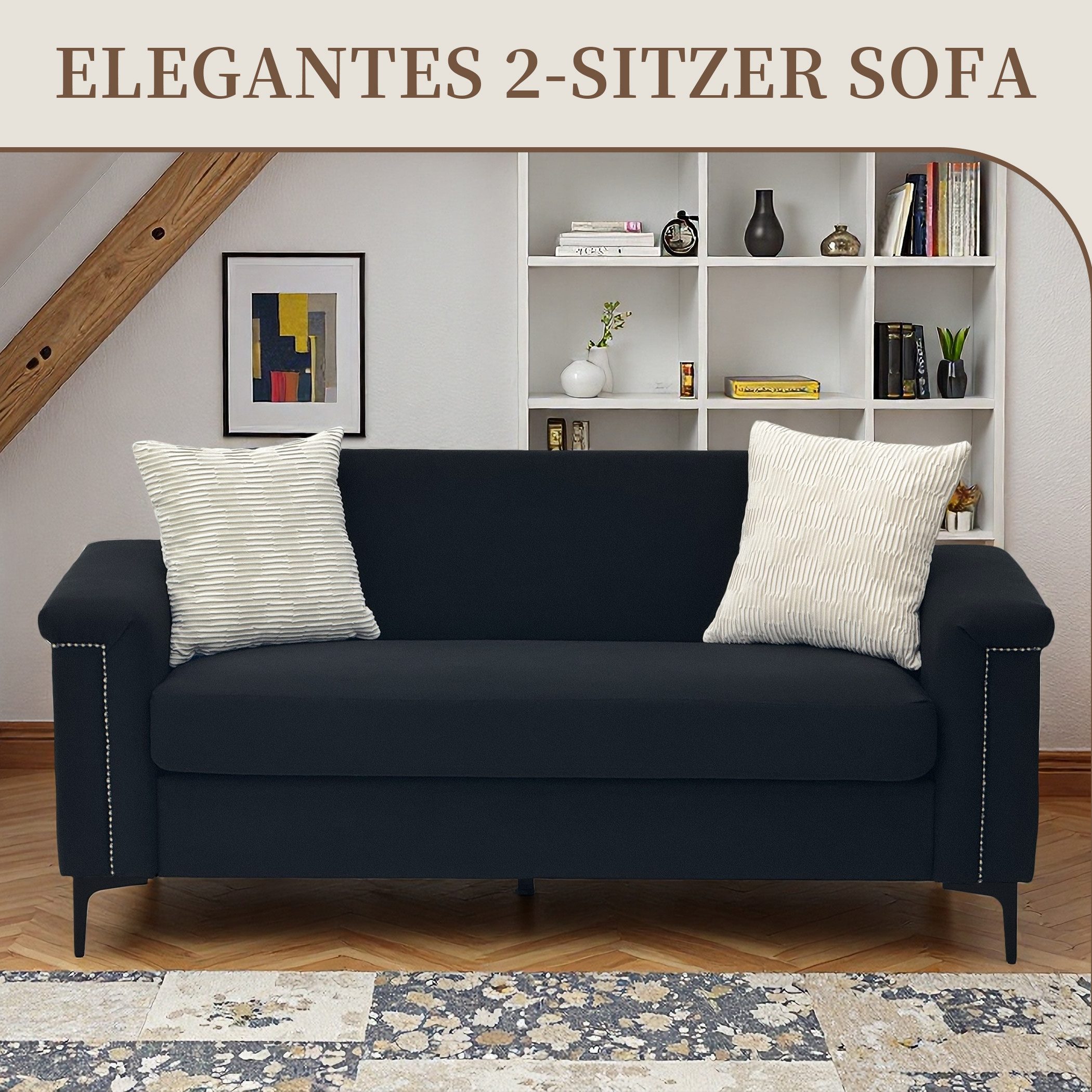 SeedWave Sofa 2 Sitzer Sofa mit Sitzbreite 134cm, Leinenbezug, Nietenverzierung, 2 Zierkissen, Sitzkissen mit federkern & hochelastischem Schaumstoff