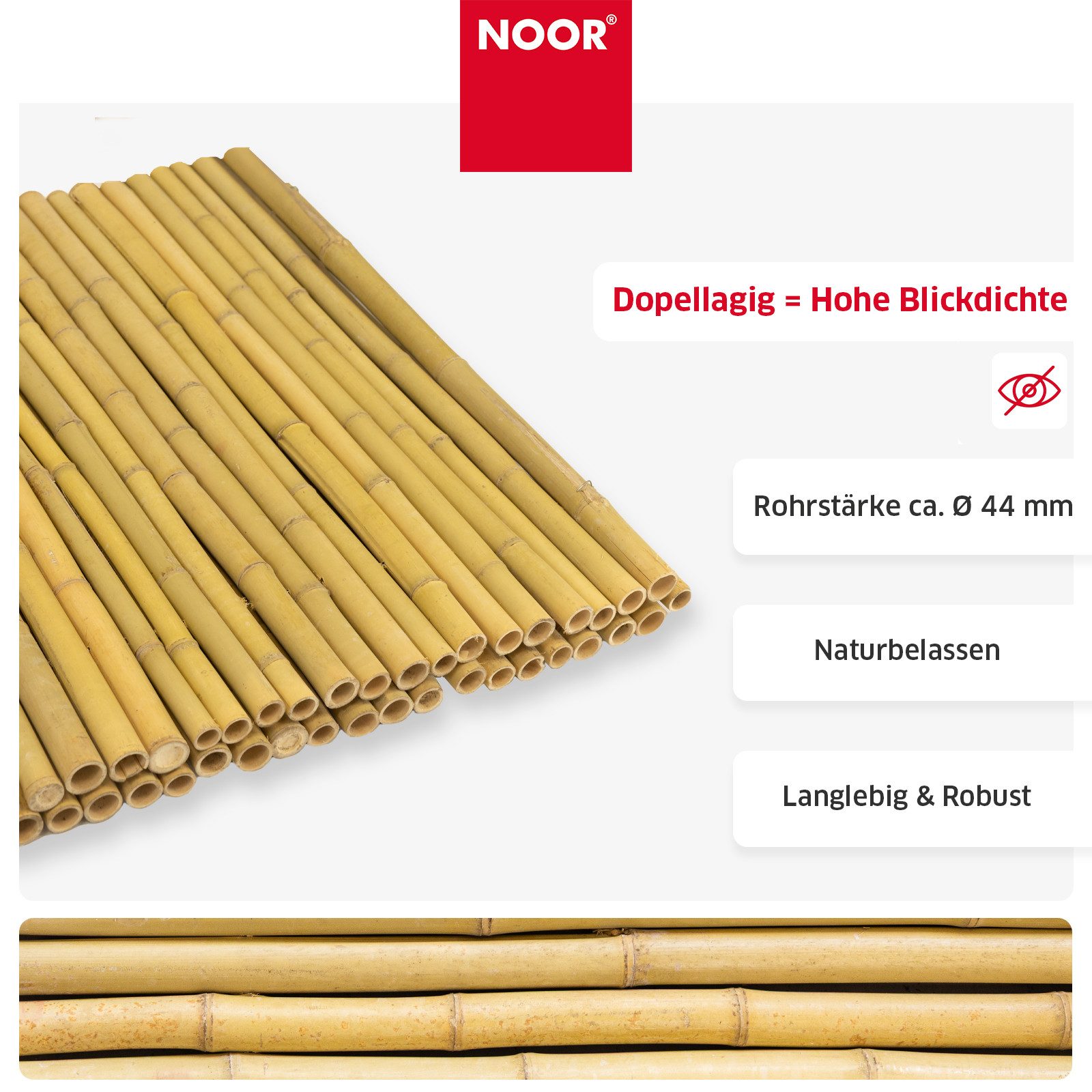 NOOR Sichtschutzzaunmatten Bambusmatte DELUXE - extra dicke Bambusstäbe, stilvoller Sichtschutz für Garten, Terrasse und Balkon