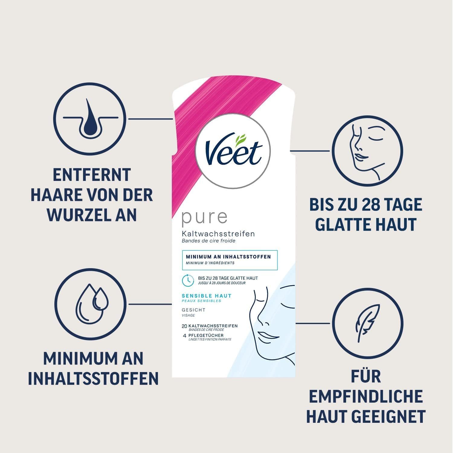 Veet Kaltwachsstreifen für Haarentfernung im Gesicht, 20 St., für sensible Haut, mit EASY-GELWAX TECHNOLOGIE