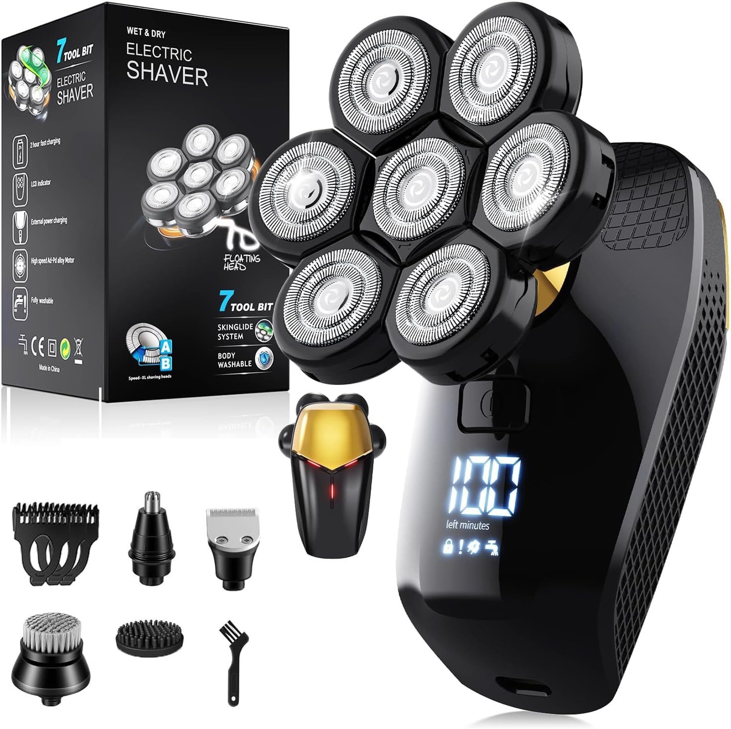 AIBISTAR Nassrasierer 5-in-1 Kopfrasierer,7D Elektrorasierer Herren Rasierer,IPX6, 5-in-1 Multifunktions-Trimmer,USB-C,LED-Display