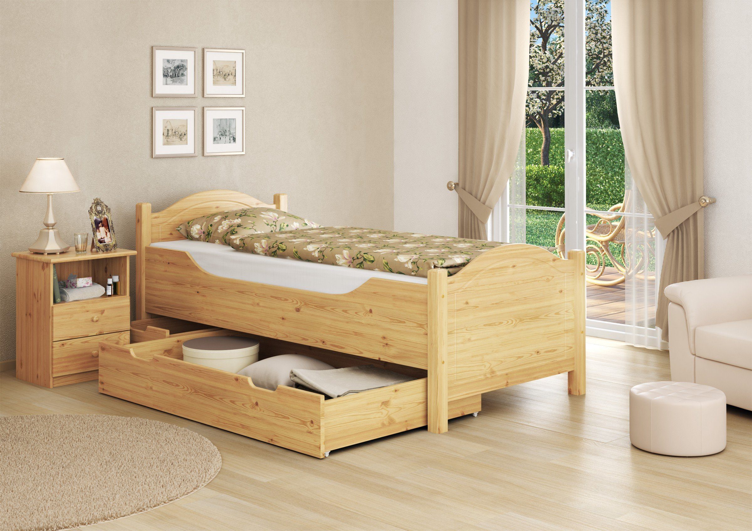 lackiert Kiefer Massivholzbett Bett 90x200, ERST-HOLZ mit Seniorenbett Einlegeverstellbarkeit Kieferfarblos