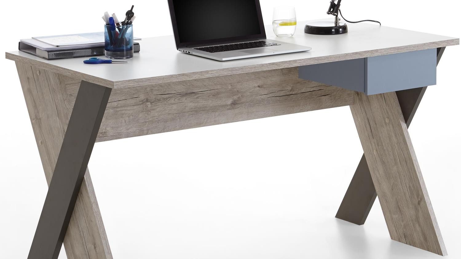 FMD Schreibtisch Schreibtisch Nona Arbeitstisch Jugendzimmer Sandeiche weiß mehrfarbig
