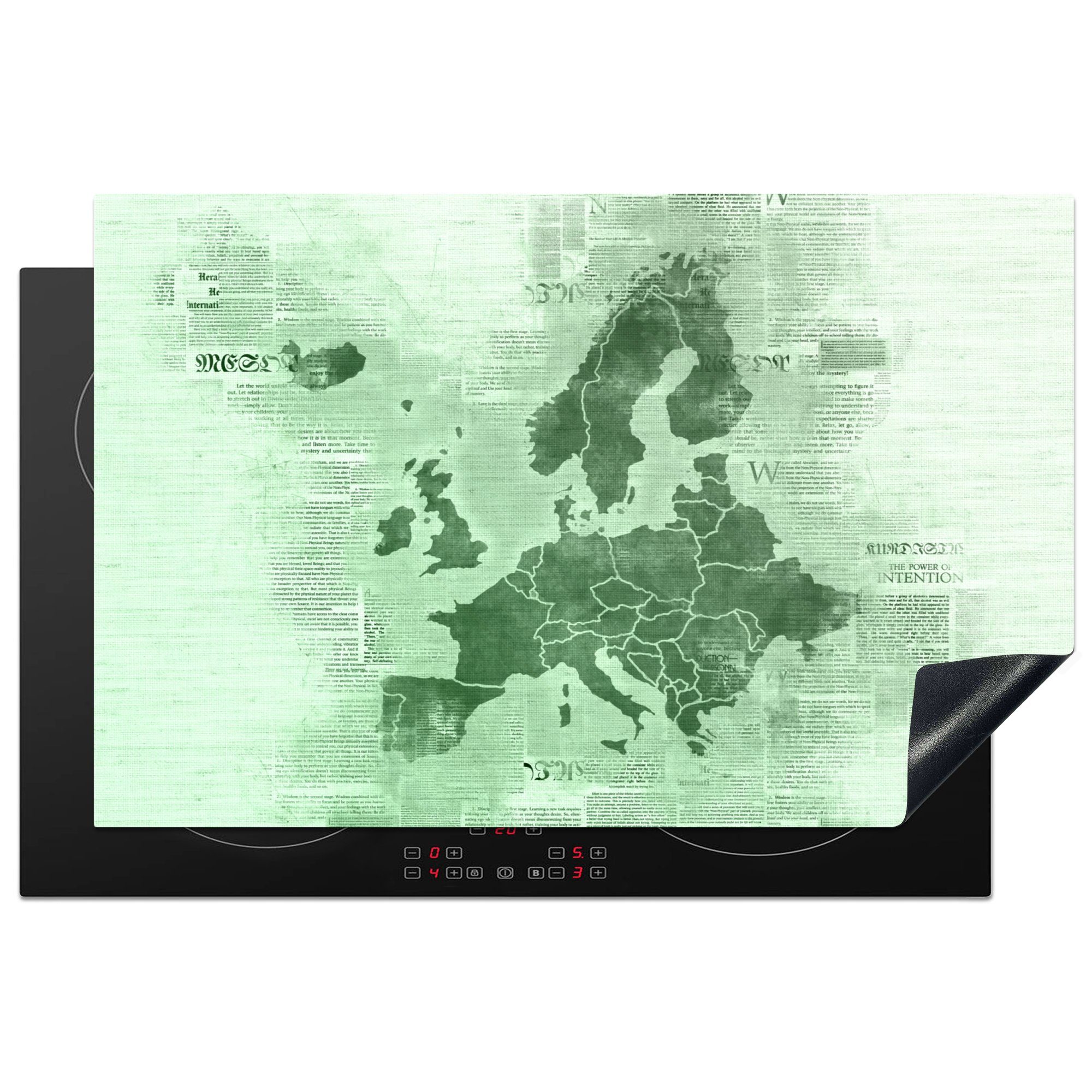 MuchoWow Herdblende-/Abdeckplatte Karte von Europa - Zeitung - Grün, Vinyl, (1 tlg), 81x52 cm, Induktionskochfeld Schutz für die küche, Ceranfeldabdeckung
