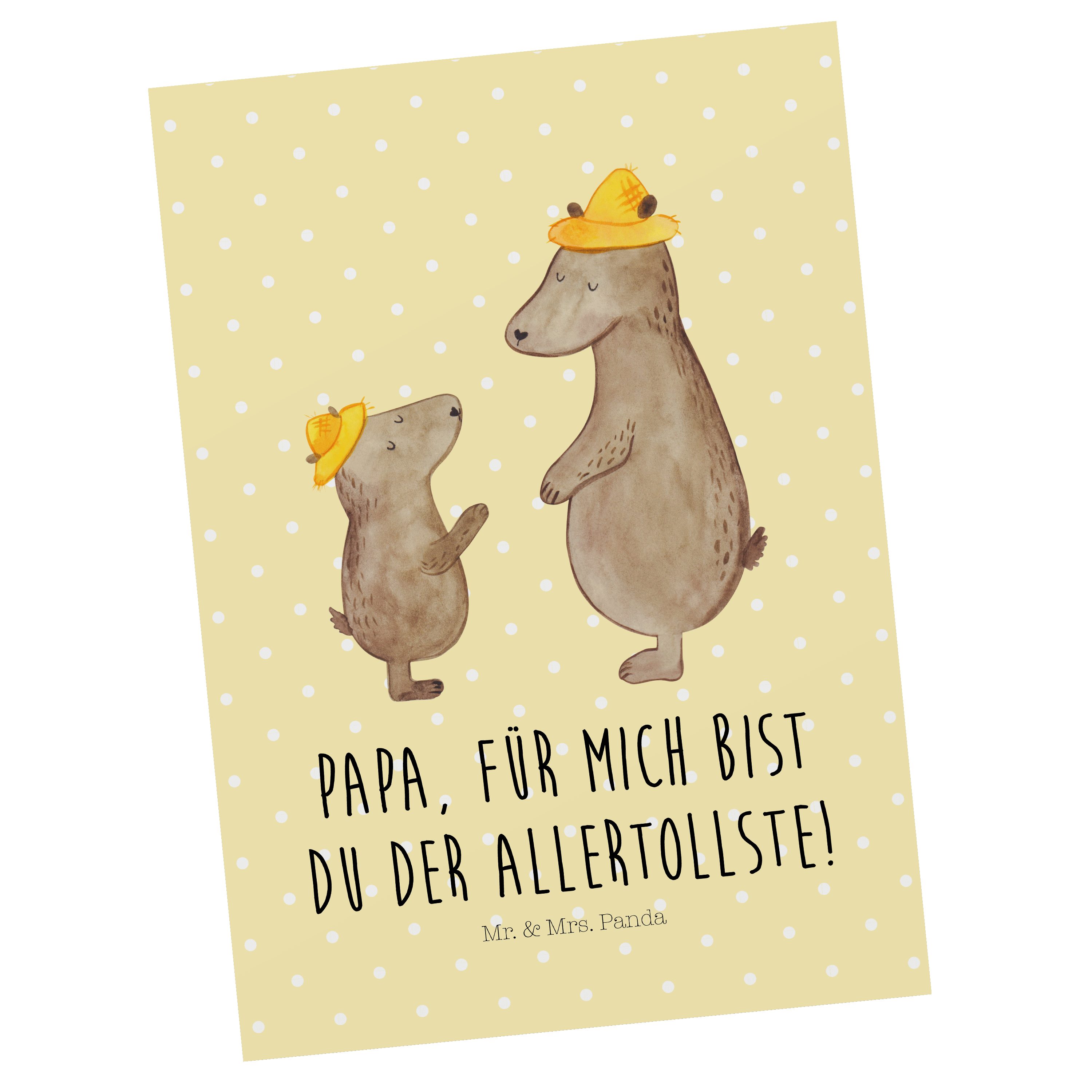 Geburtstagskar Vater, - Hut - Postkarte mit Mrs. Panda Mr. Geschenk, Bären Gelb Pastell Karte, &