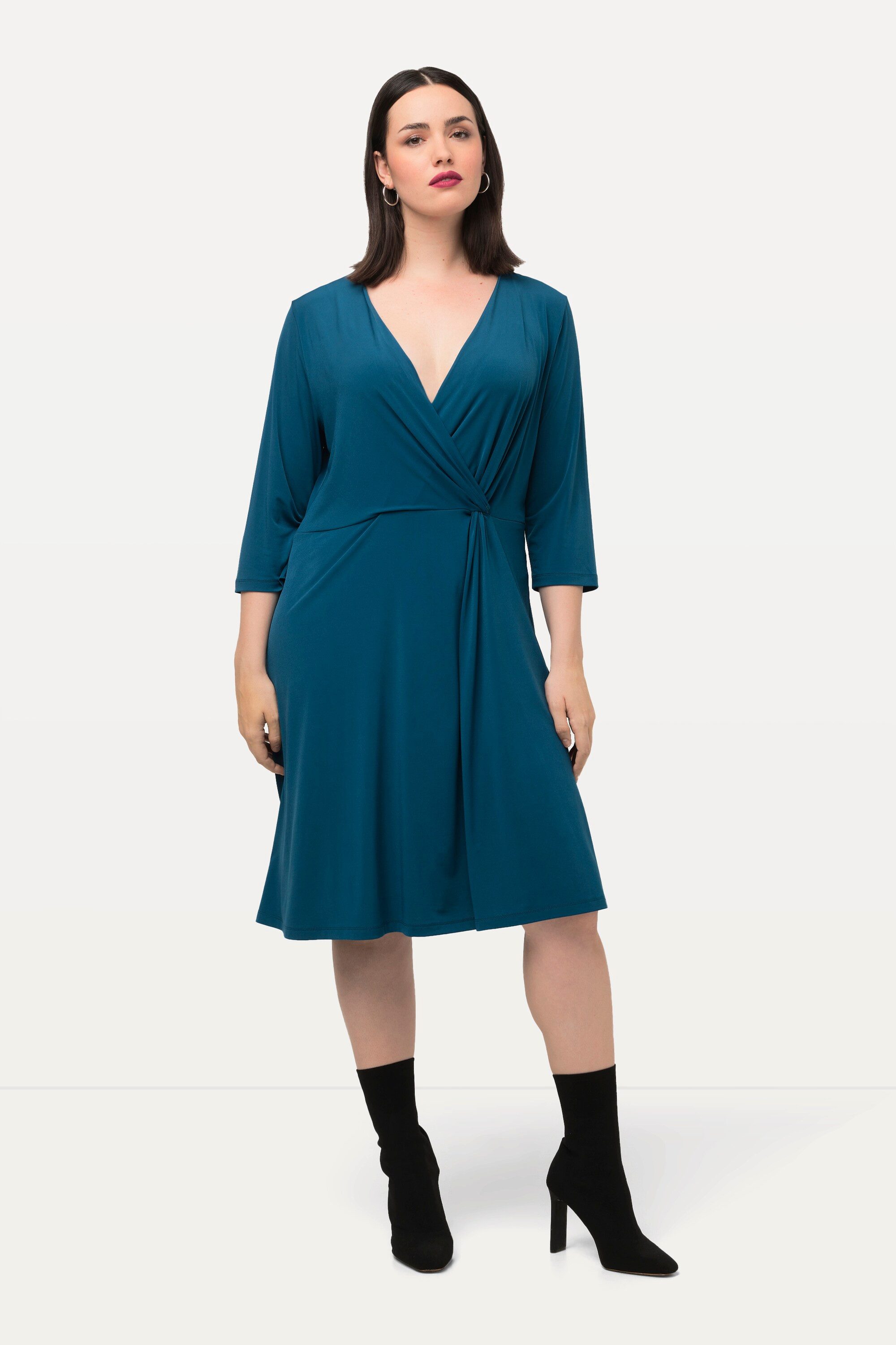 Ulla Popken Maxikleid Slinkykleid Drapierung V-Ausschnitt 3/4-Arm