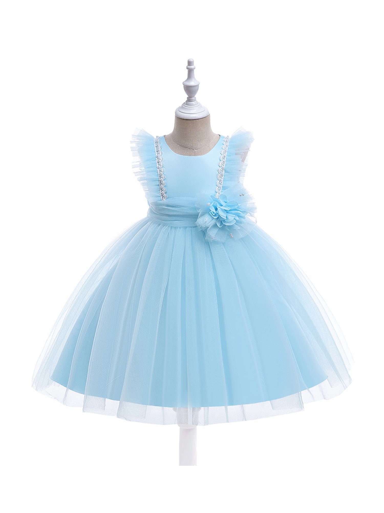 LAPA Abendkleid Mädchen Partykleid, Blumenmädchen-Hochzeitskleid, A-Linie Tüllkleid mit Spitze und Perlen Blau
