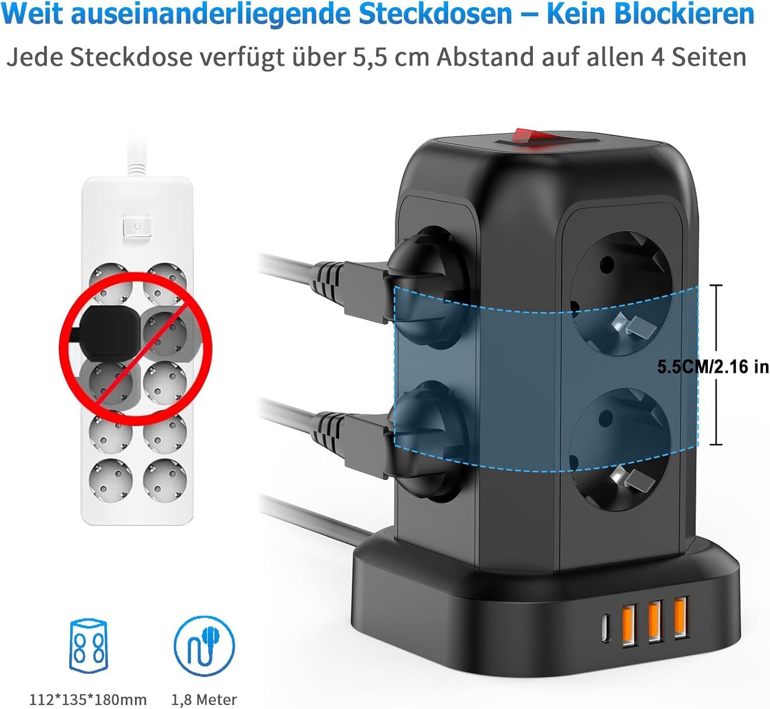 Romatico Steckdosenturm USB-C & USB-A 8 Steckdosen Schalter Überspannungsschutz Mehrfachsteckdose 8-fach (Mehrfachsteckdose, USB-C, USB-A, 8 Steckdosen, Schalte – Bild 5 von 5
