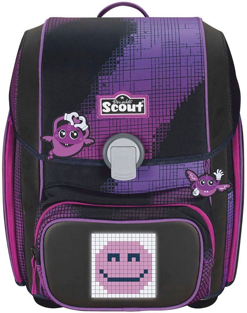 Scout Schulranzen Genius Movie Star, mit LED-Display, Pink Pixel (Set, 4-tlg), mit Powerbank, enthält recyceltes Material