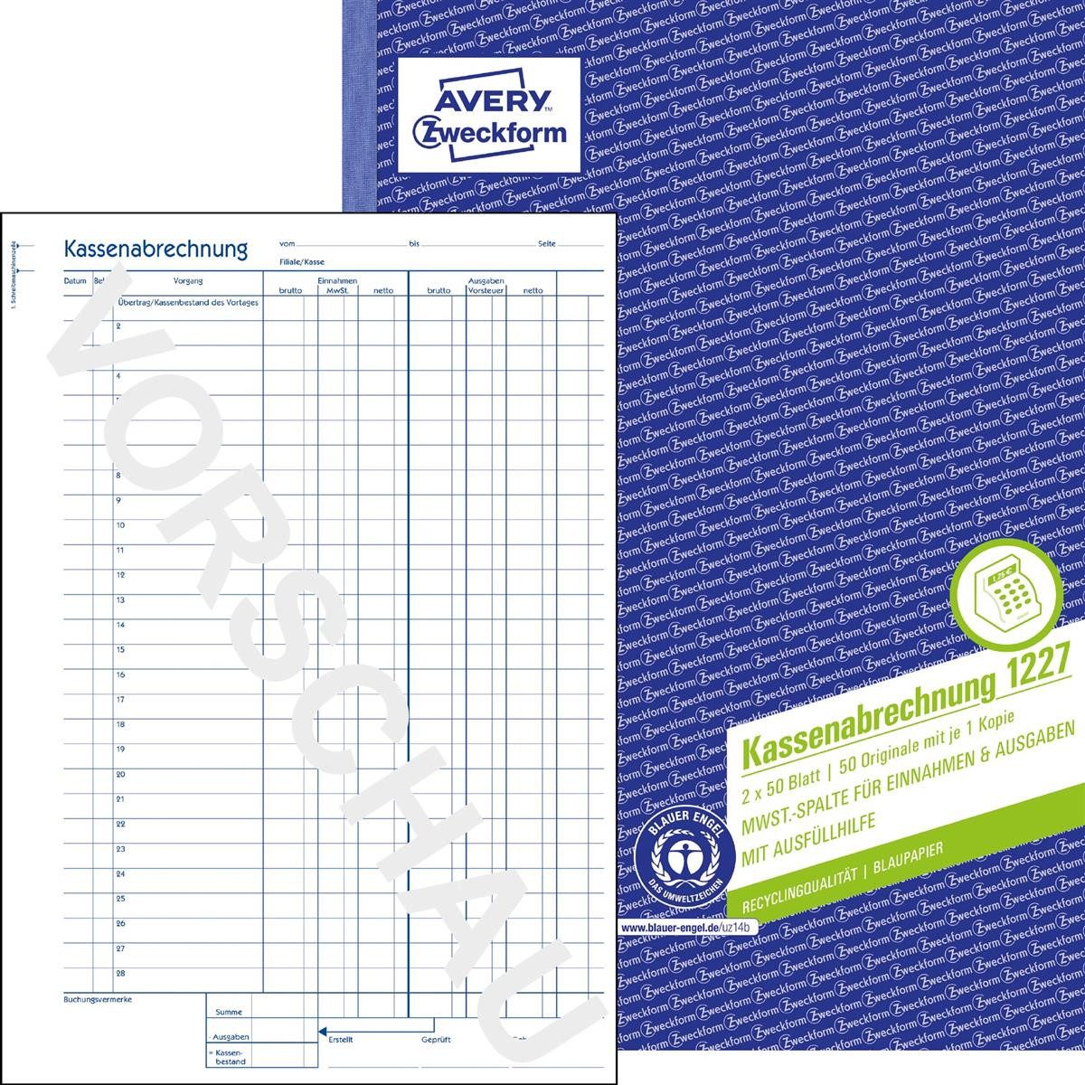 Avery Zweckform Formularblock 1227 1227 Kassenabrechnung - MwSt.-Spalte A4 Recycling Blaupapier 2x 5