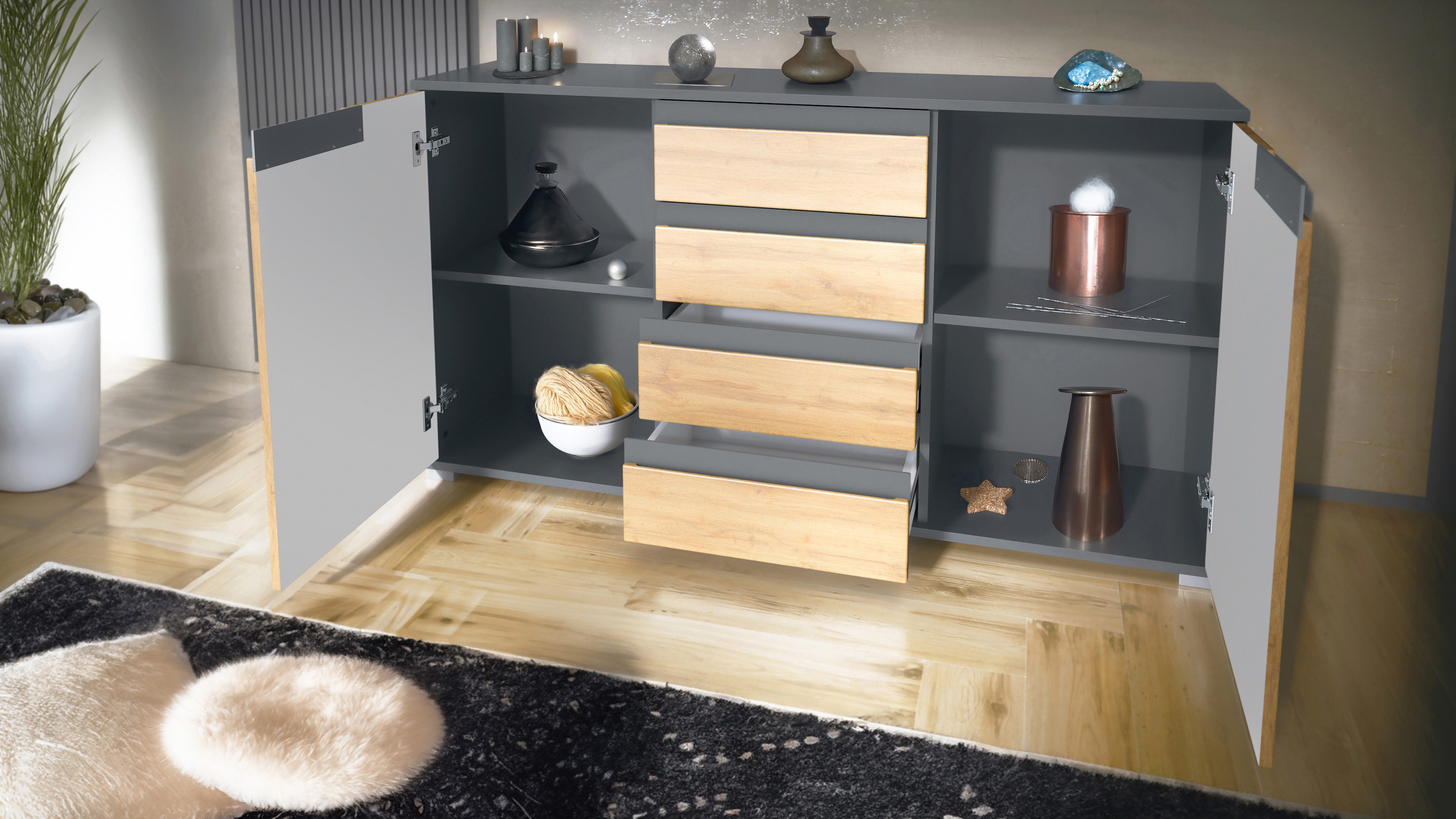 Vladon Sideboard Sylt V1 (Kommode mit 2 Türen und 4 Schubladen, Korpus - Anthrazit matt / Front - Bordeaux Hochglanz), Absetzung - Weiß Hochglanz (138,5 x 75,5 x 35 cm)