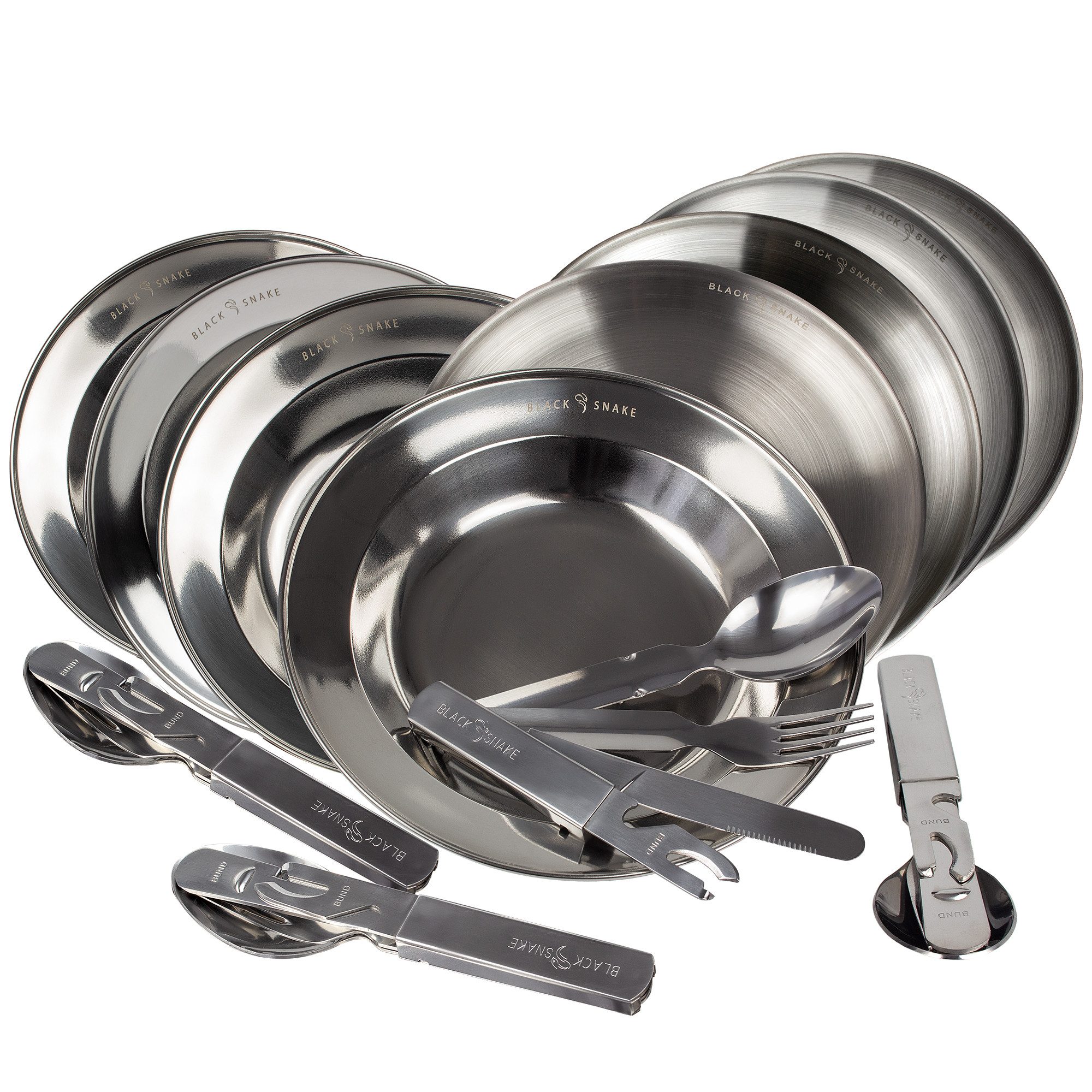 Black Snake Teller-Set Edelstahl Teller Set mit Campingbesteck Outdoor (12-tlg), Edelstahl, Robustes Edelstahl Geschirr mit praktischem Campingbesteck