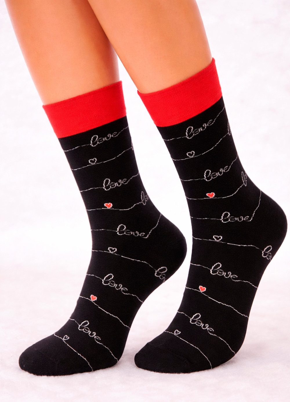 Martinex Socken Freizeitsocken socks in schwarz mit Herzen und love Muster Strümpfe (für Damen, Herren, Kinder, 1 Paar, für Valentinstag, Hochzeitstag, Geburtstag, unisex)