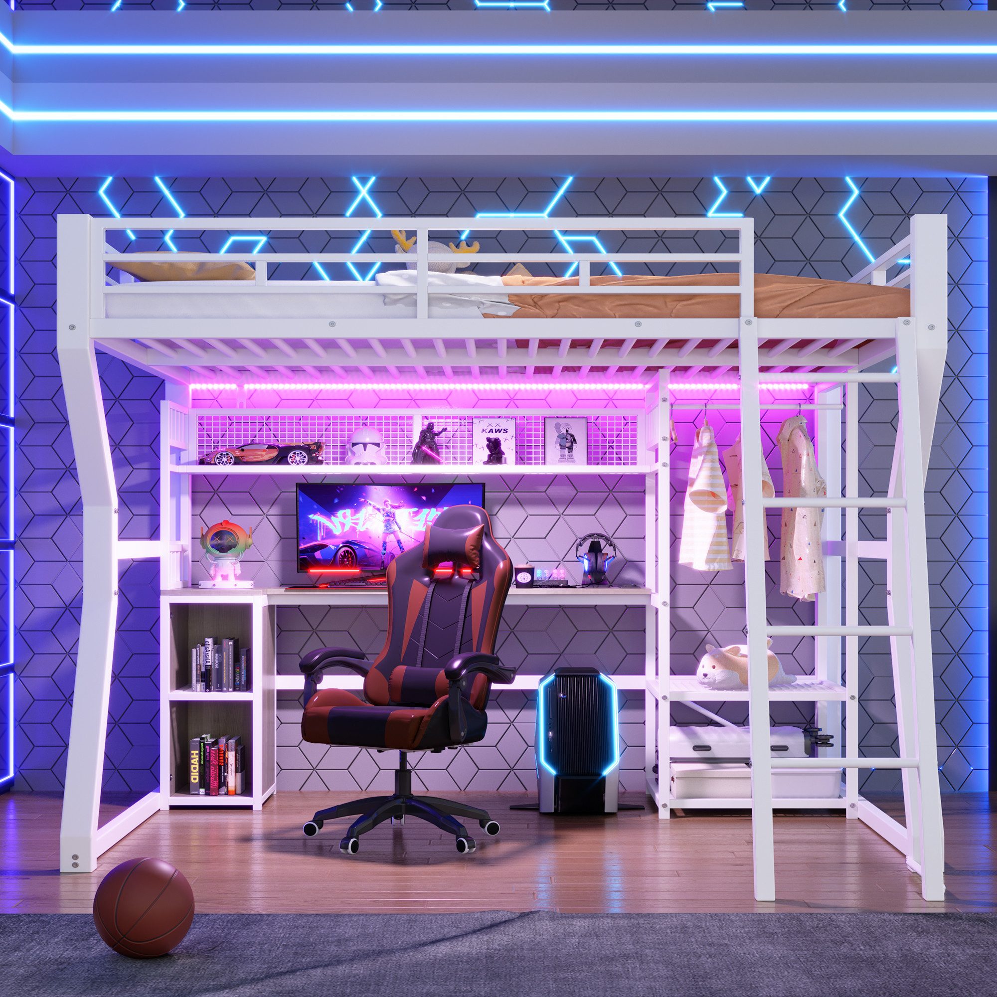 SOFTWEARY Hochbett mit RGB LED-Streifen und Schreibtisch (140x200 cm, mit Lattenrost, Trittleiter, Kleiderstange, Regal, USB und Type-C) Kinderbett mit Rausfallschutz, Metallbett