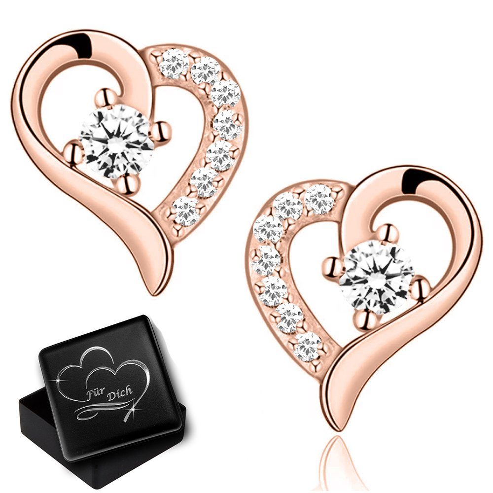 Limana Paar Ohrstecker echt 925 Sterling Silber Herz Rosegold Gold Rosa (inkl. Herz Geschenkdose), Herzohrringe Geschenk Idee Geschenkidee Liebesgeschenk