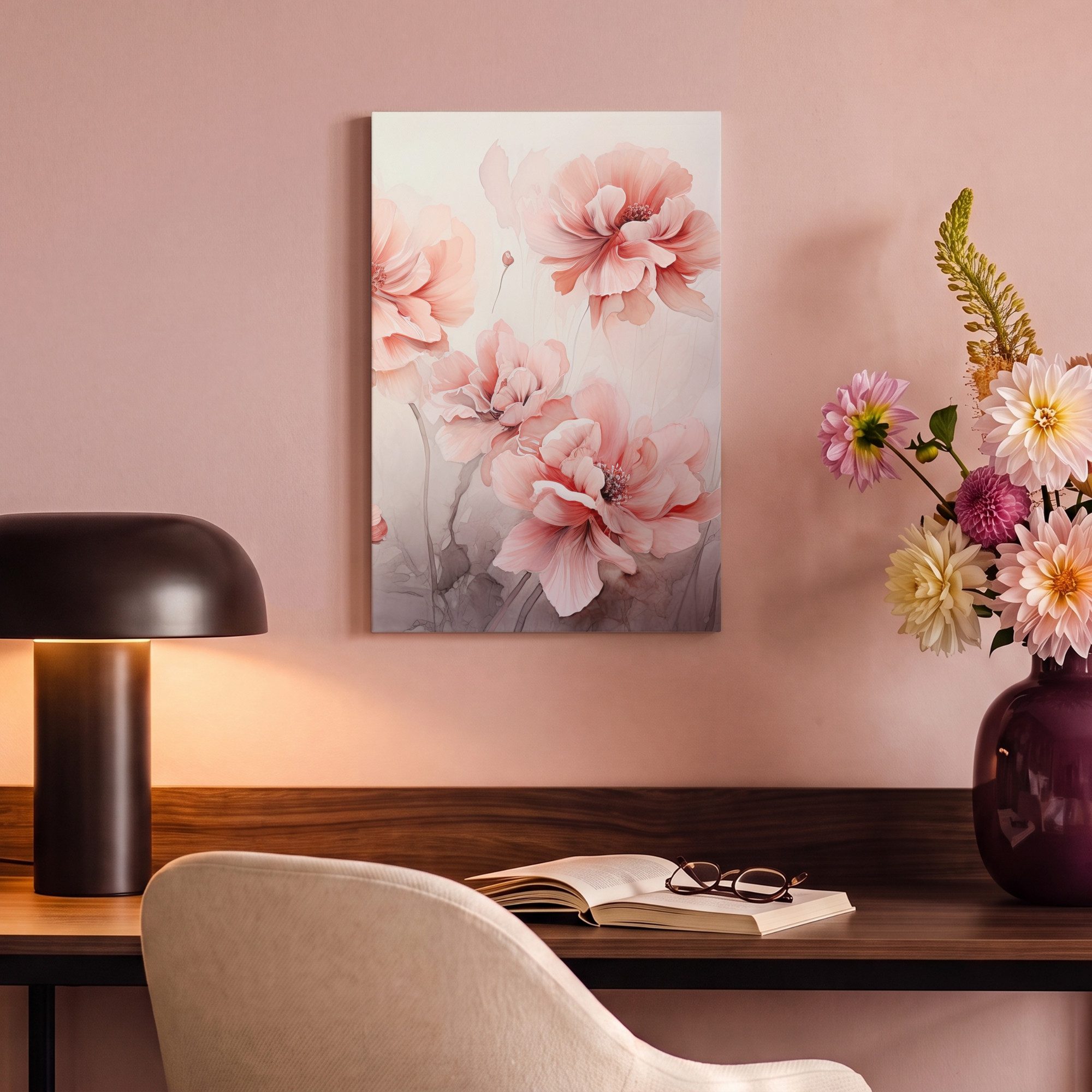 OneMillionCanvasses® Leinwandbild Blumen - Rosa - Kunst - Abstrakt - Aquarell, Fotodruck (1 St), Leinwand Canvas Wandbild, Wanddekoration 20x30 cm – Bild 4 von 5