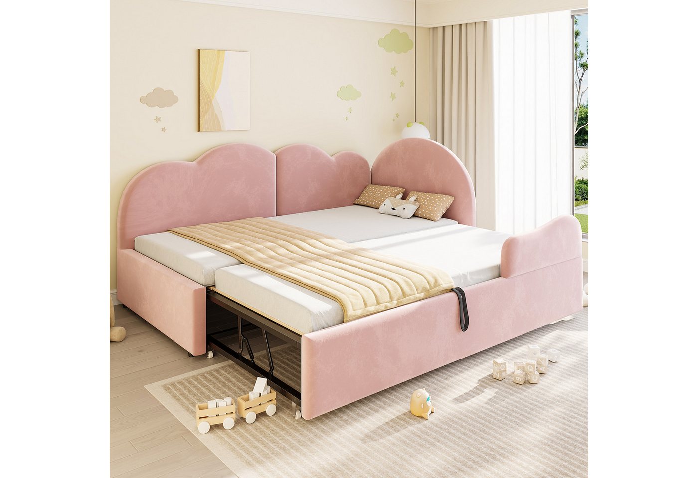 Odikalo Schlafsofa PolsterJugendbett Ausziehbares Schlafcouch L-Form Kopfteil Wolkenform, Samtrosa Platzsparendes Design Kann als Kinderbett oder Gästebett genutzt warden