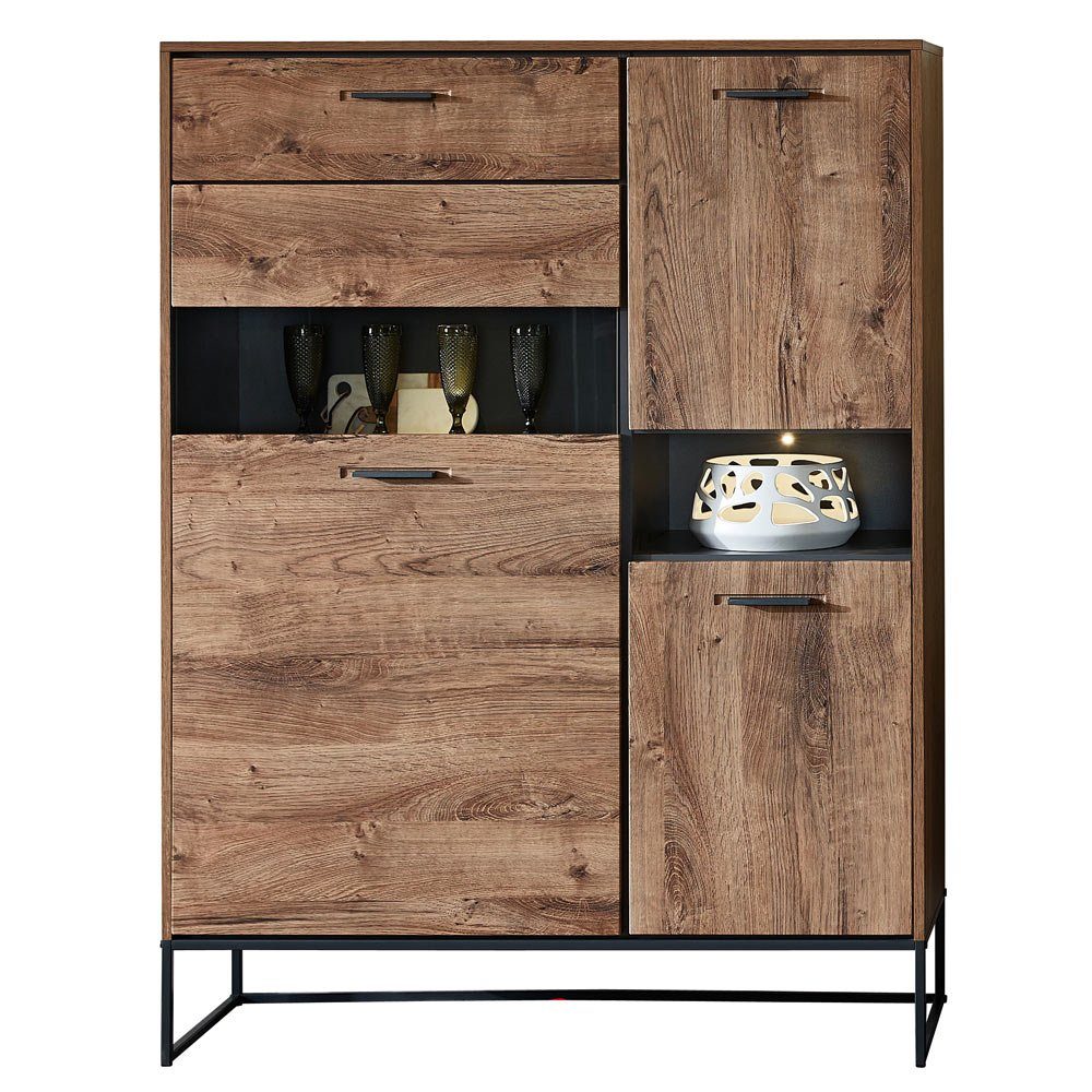 Lomadox Vitrine MINNEAPOLIS-55 Haveleiche Cognac mit graphit inkl. LED-Beleuchtung ca 110/148/38 cm