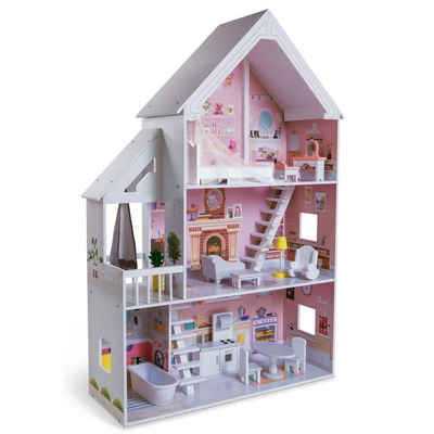 TikTakToo Puppenhaus Puppenstube Traum Villa Set aus Holz, (komplett eingerichtet, mit Balkon Terrasse, 16-tlg., mit 15-teiliges Möbel- und Zubehör-Set), aus MDF-Holz, für Puppen bis 29 cm geeignet