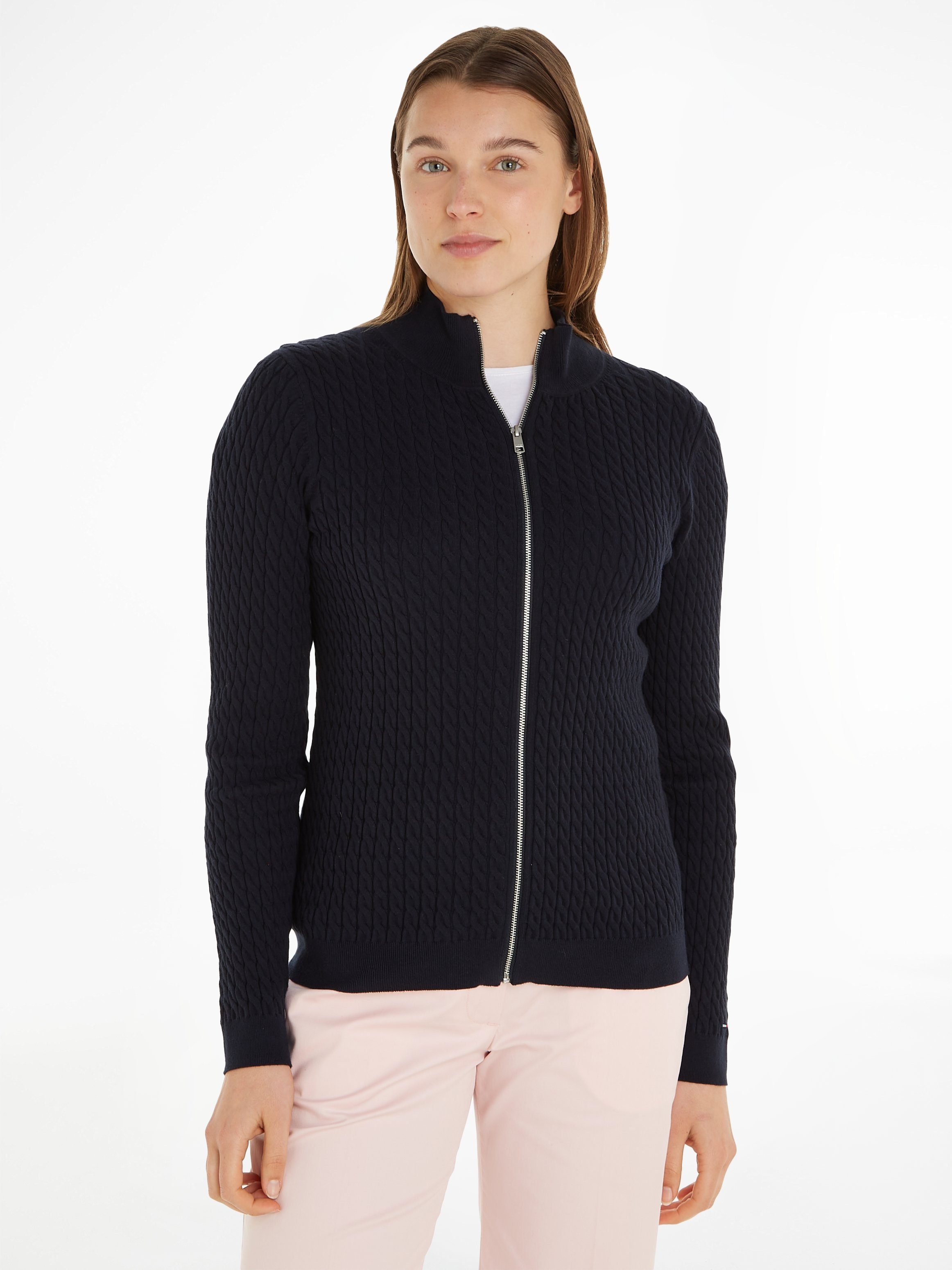 Tommy Hilfiger Strickjacke SKINNY CABLE ZIP CARDIGAN mit Logoprägung