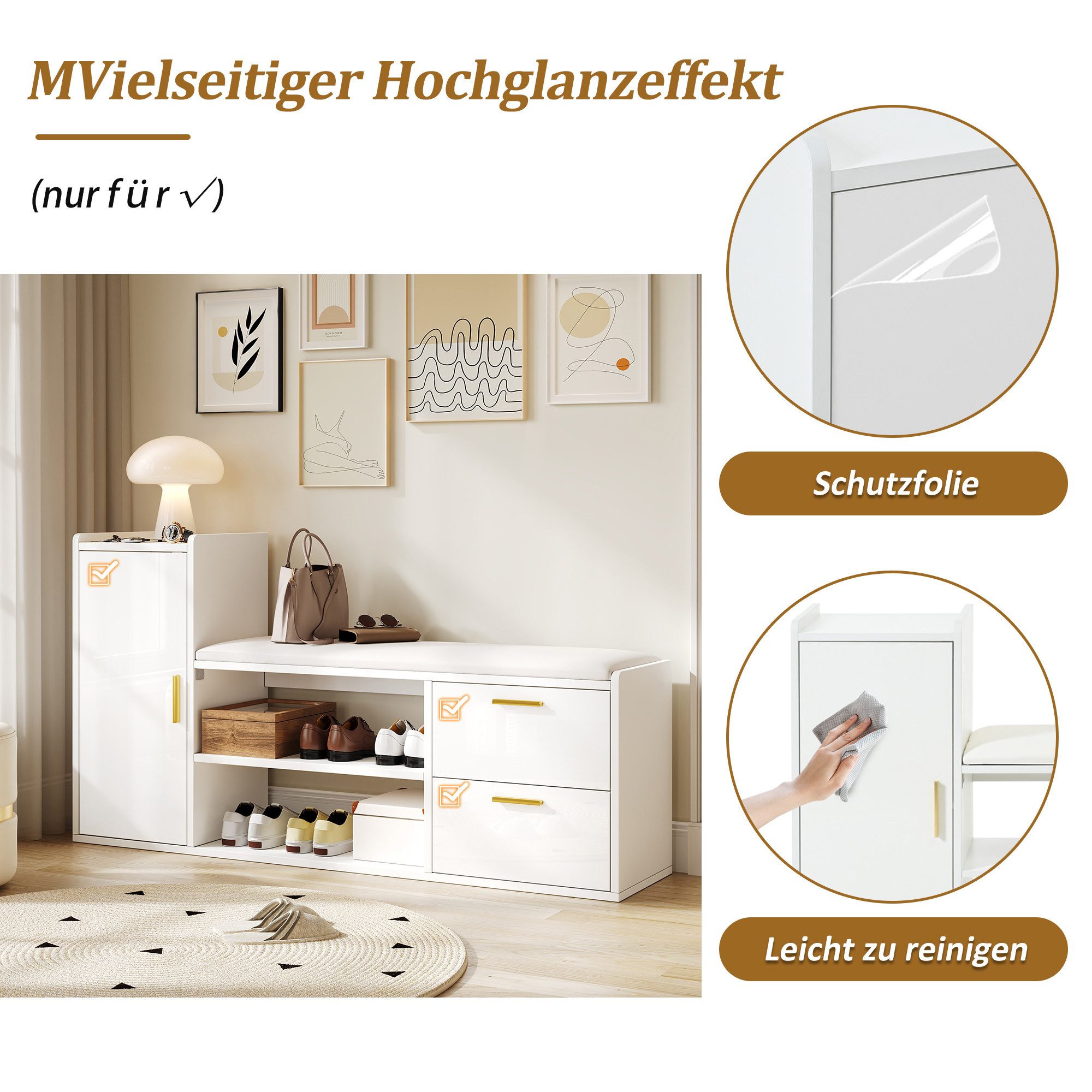 Merax Schuhbank Hochglanz in Weiß, mit gepolsterter Sitzfläche & verstellbaren Böden (Schuhregal für Flur oder Wohnzimmer, 1-St., 128×30×68 cm), Schuhschrank mi – Bild 4 von 5