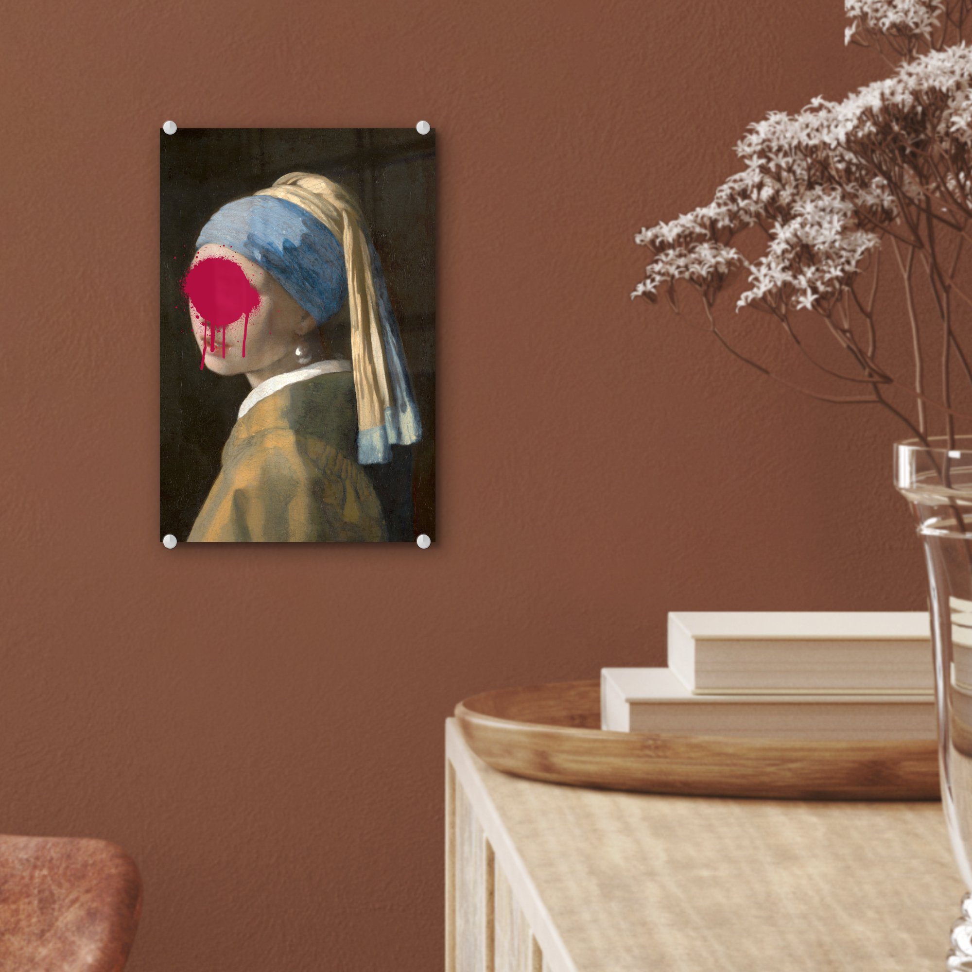- Perlenohrring Vermeer auf (1 Glas Glasbilder - Das Wandbild Bilder Johannes Acrylglasbild dem bunt Rosa, MuchoWow mit St), Glas auf - - Wanddekoration Mädchen - Foto