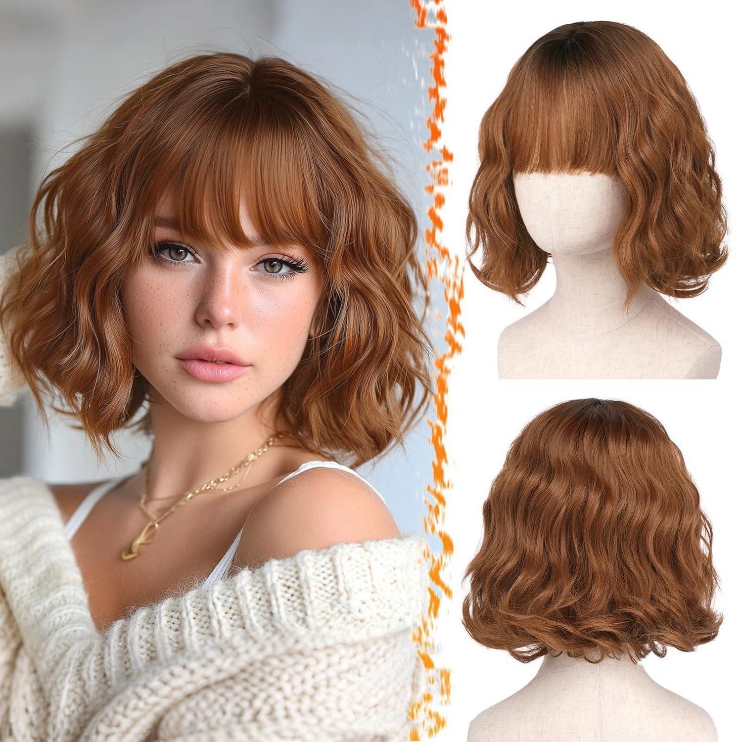 LuxusKollektion Kunsthaarperücke Perücke Kurz Gewellt Pony Synthetisch French Bob Ombre Auburn 30cm