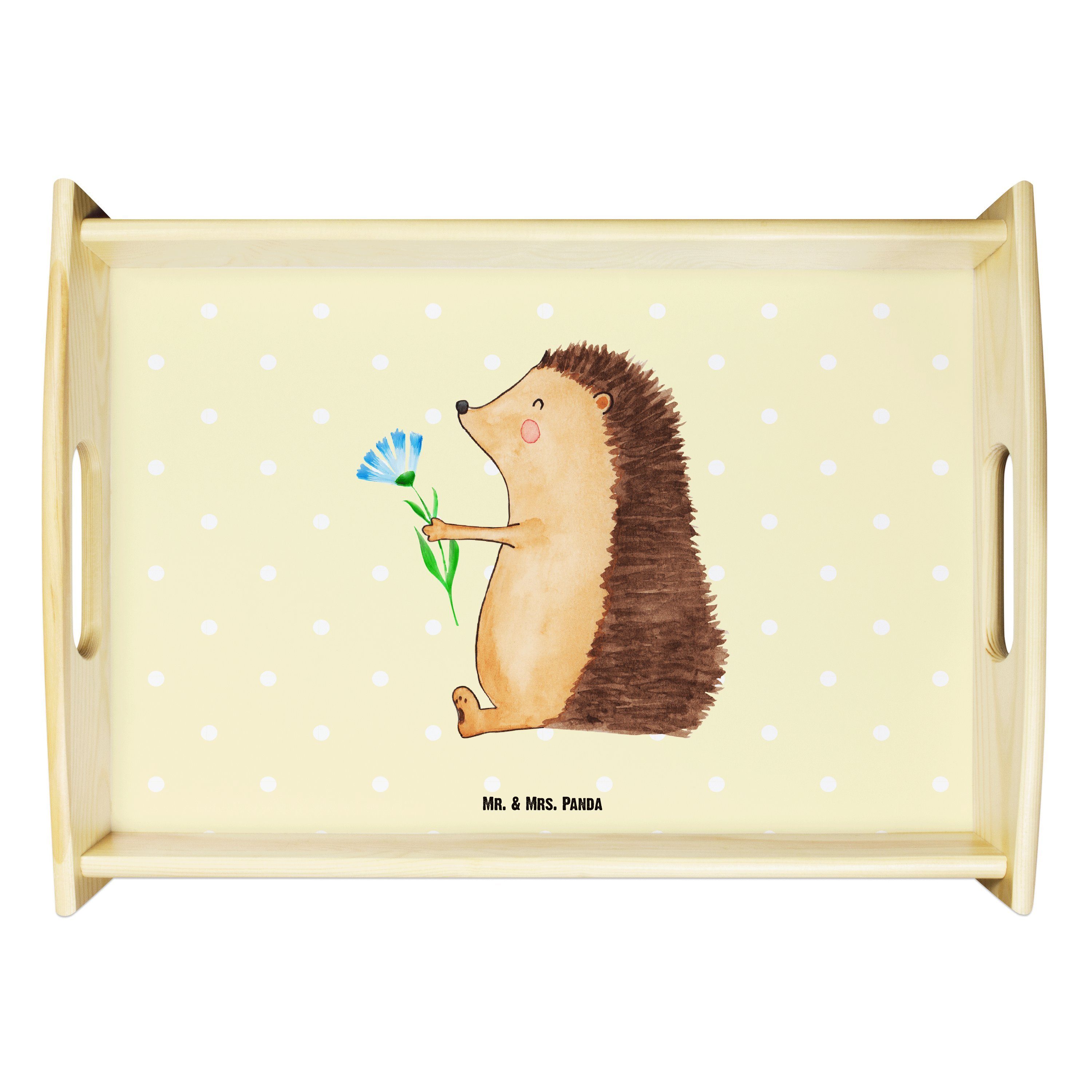Mr. & Mrs. Panda Tablett Igel mit Blume - Gelb Pastell - Geschenk, Besuch, Tiermotive, lustige, Echtholz lasiert, (1-tlg)
