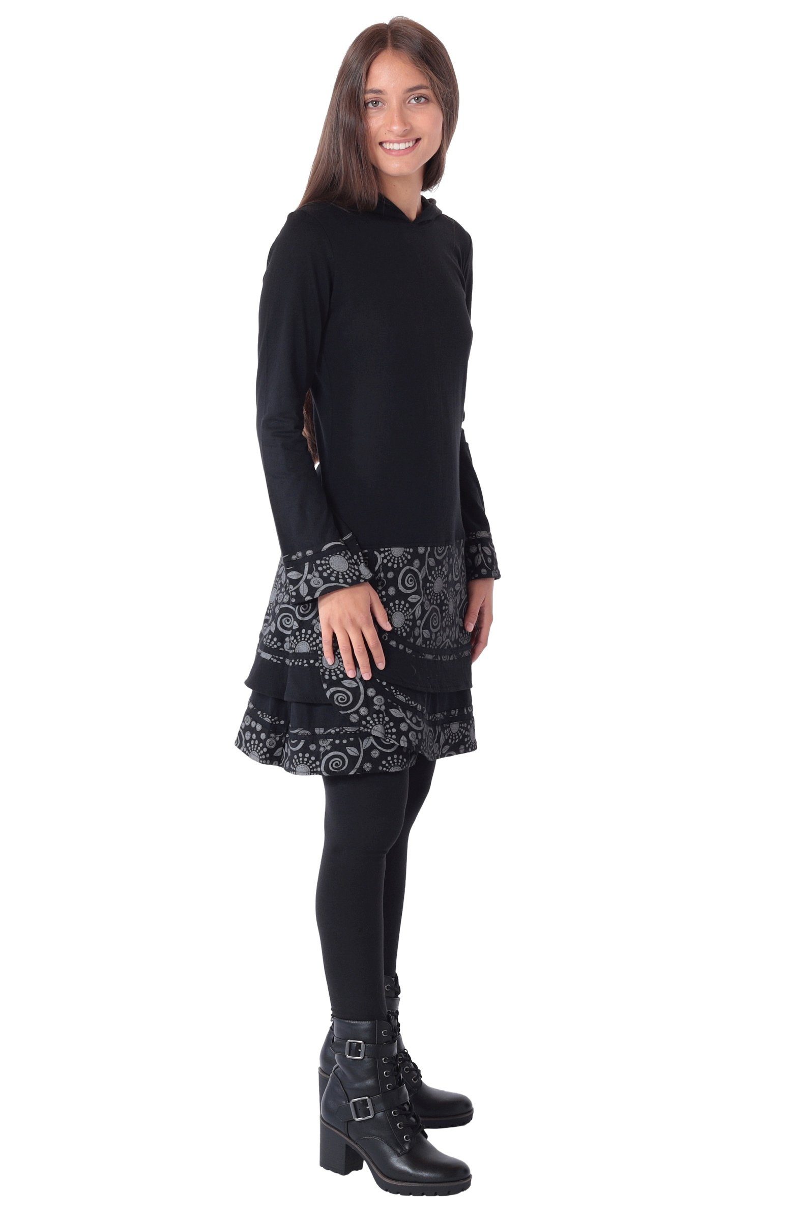 PUREWONDER Sweatkleid Elfenkleid aus Baumwolle mit Zipfelkapuze Nr. 186 Schwarz M im Patchwork-Stil – Bild 3 von 5