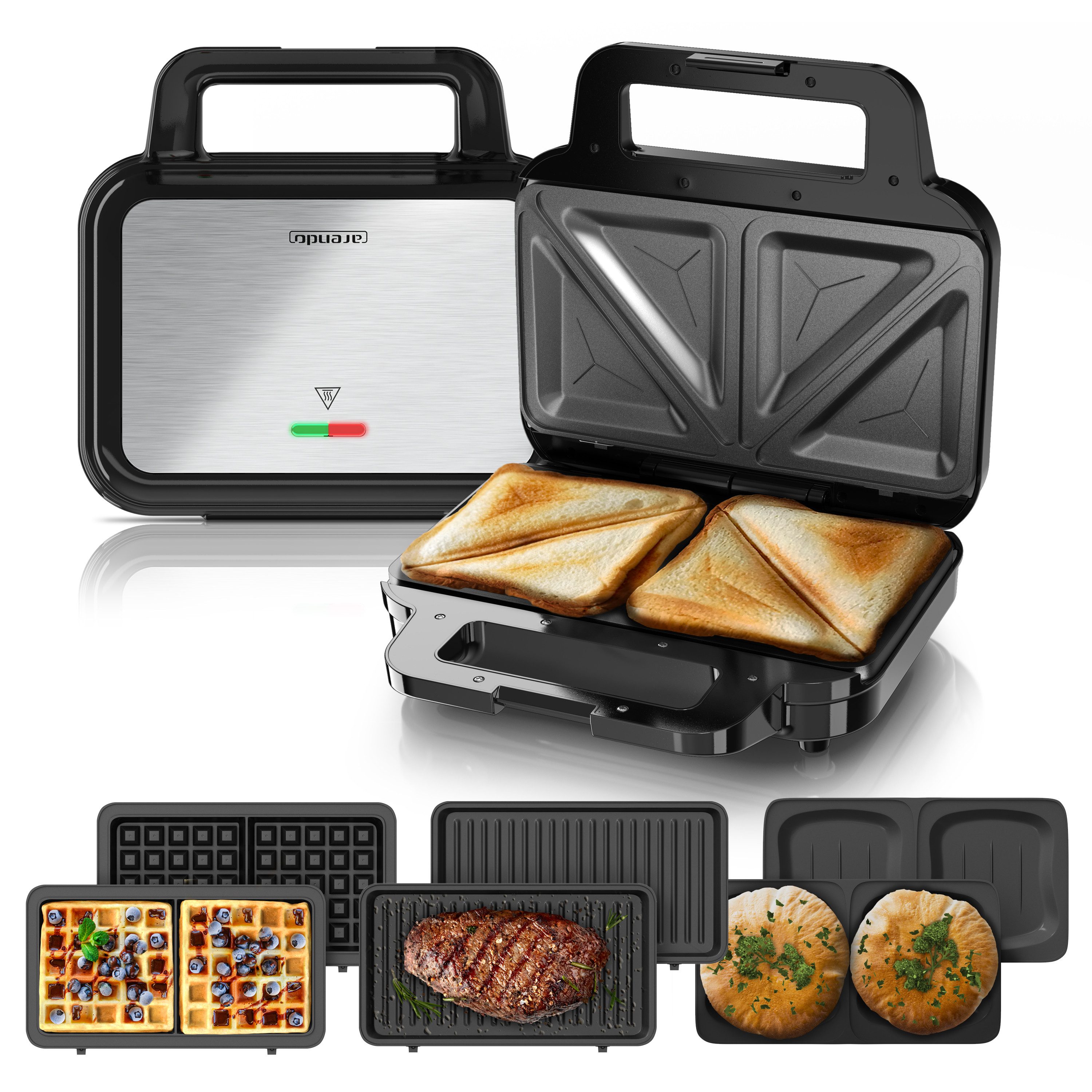 Arendo 3-in-1-Sandwichmaker 4in1 Sandwich Maker, Waffeleisen, Panini Grill, Temperaturkontrolle, 900 W, Kabelaufwicklung, Antihaftbeschichtung, Anti-Rutsch-Füße