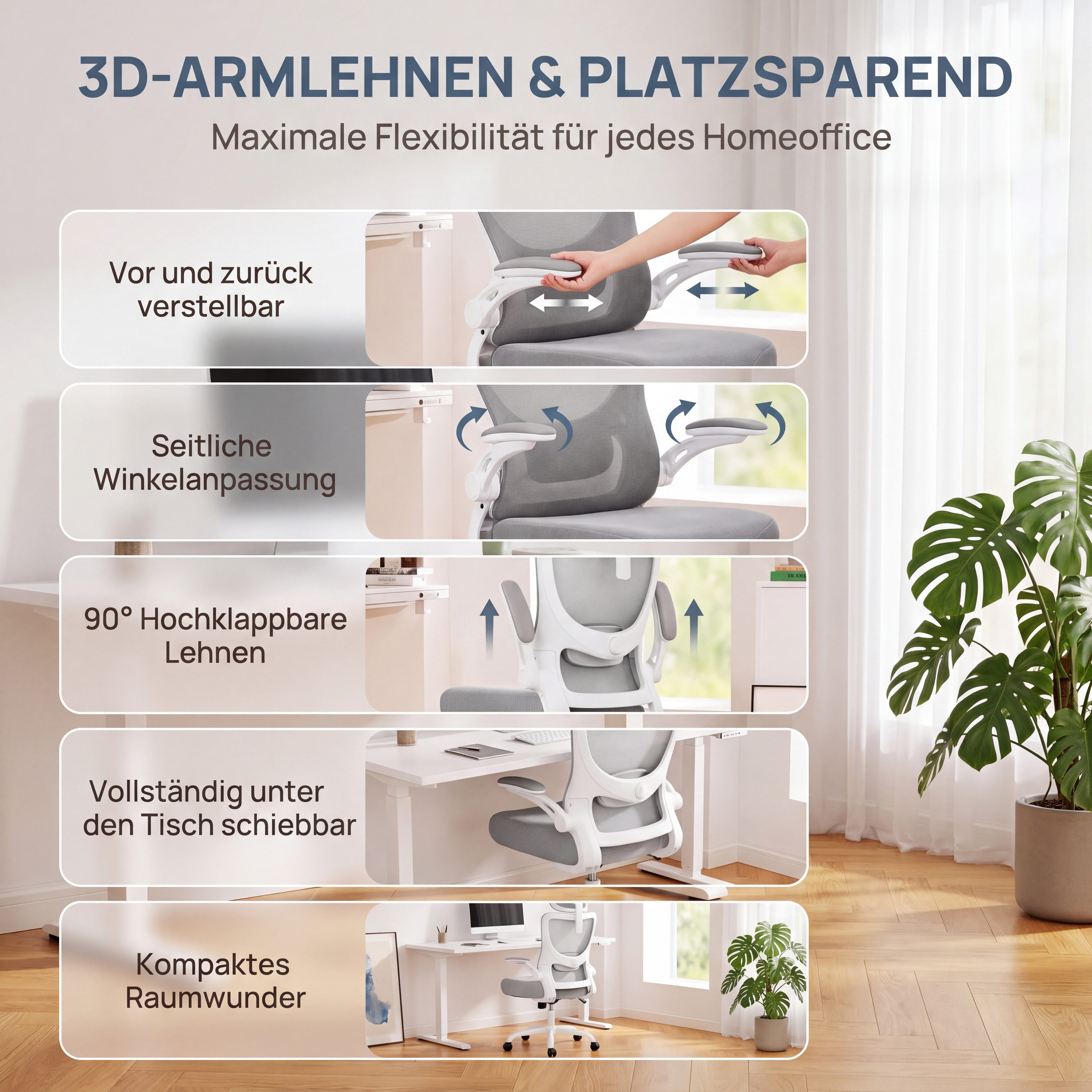 Marsail Bürostuhl Ergonomischer – Schreibtischstuhl Mesh mit 3D-verstellbaren Armlehnen (Dynamischer Lendenstütze, Wippfunktion), TÜV-geprüft, bis 136 kg – Idea – Bild 3 von 5